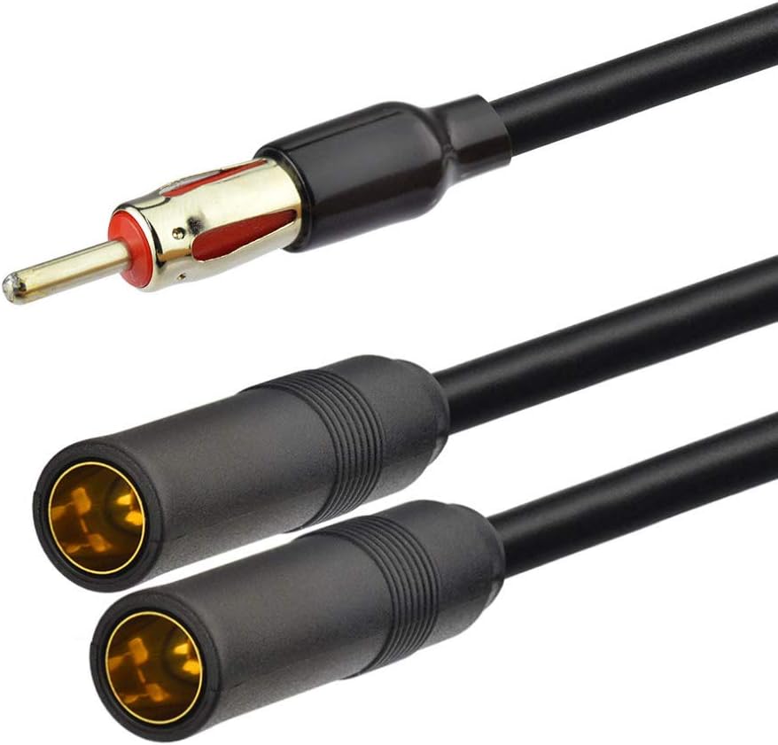 Bingfu Car FM AM Antenna Splitter Adapter Cable, DIN Male to 2 Female Connector for Vehicle Truck SUV Stereo Head Unit Receiver - DIN 1 to 2 Female Antenna Extension Adapter