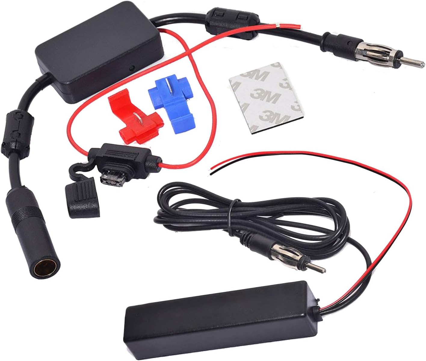 Bingfu Universal Car Stereo Amplified FM Radio Hidden Antenna & Signal Booster Amplifier Amp 12V Power Supply DIN Plug for Vehicle Truck SUV Car Audio Radio Stereo Media Head Unit Receiver