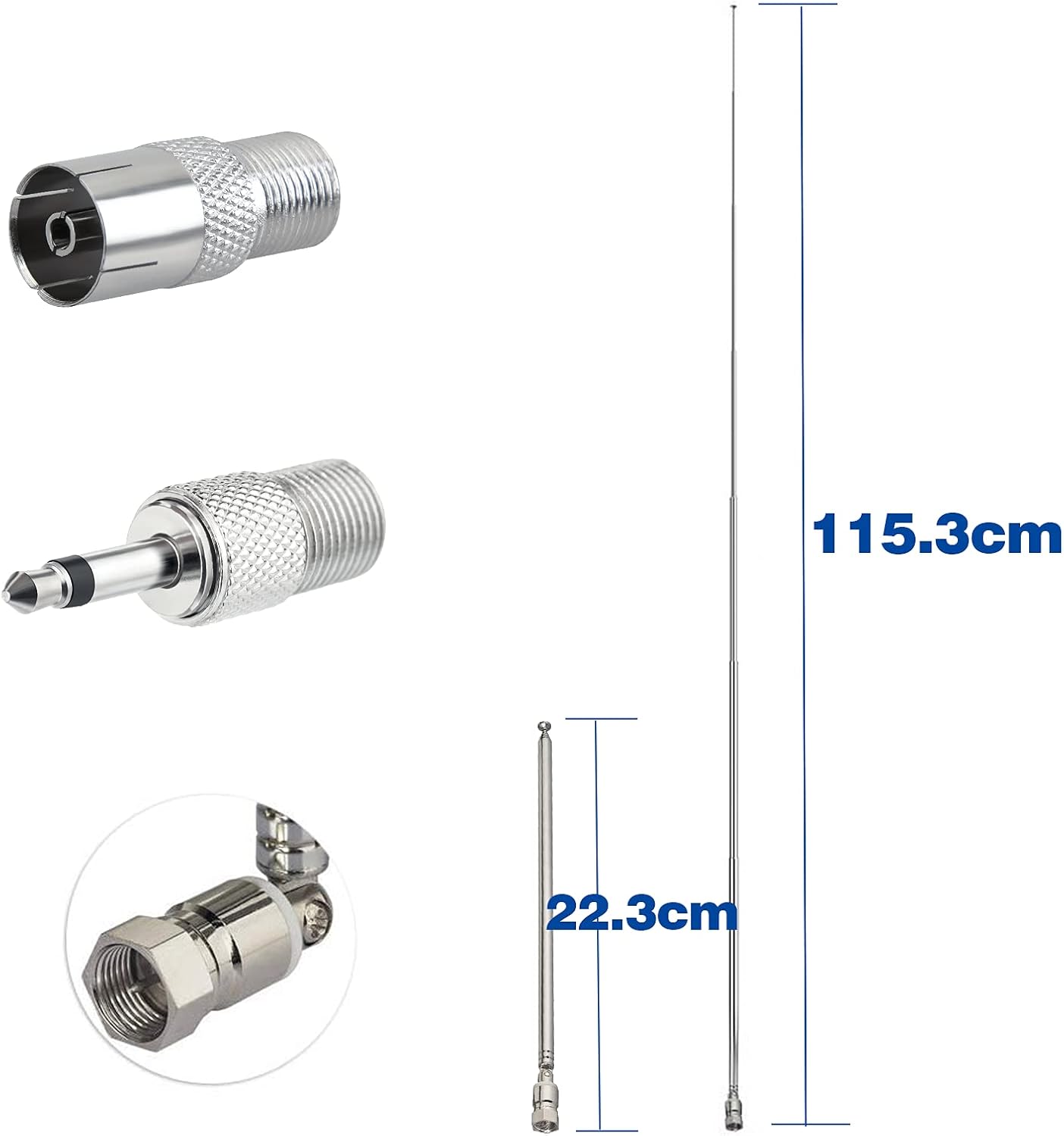 DAB UKW Radio Antenne AV Empfänger 75Ohm Unbal F Stecker Teleskopantenne, Plus 2 Zusätzliche Adapter für Tragbaren Radio-Tuner Stereo-Empfänger AV-Empfänger Stereo-Verstärker HiFi-Receiver