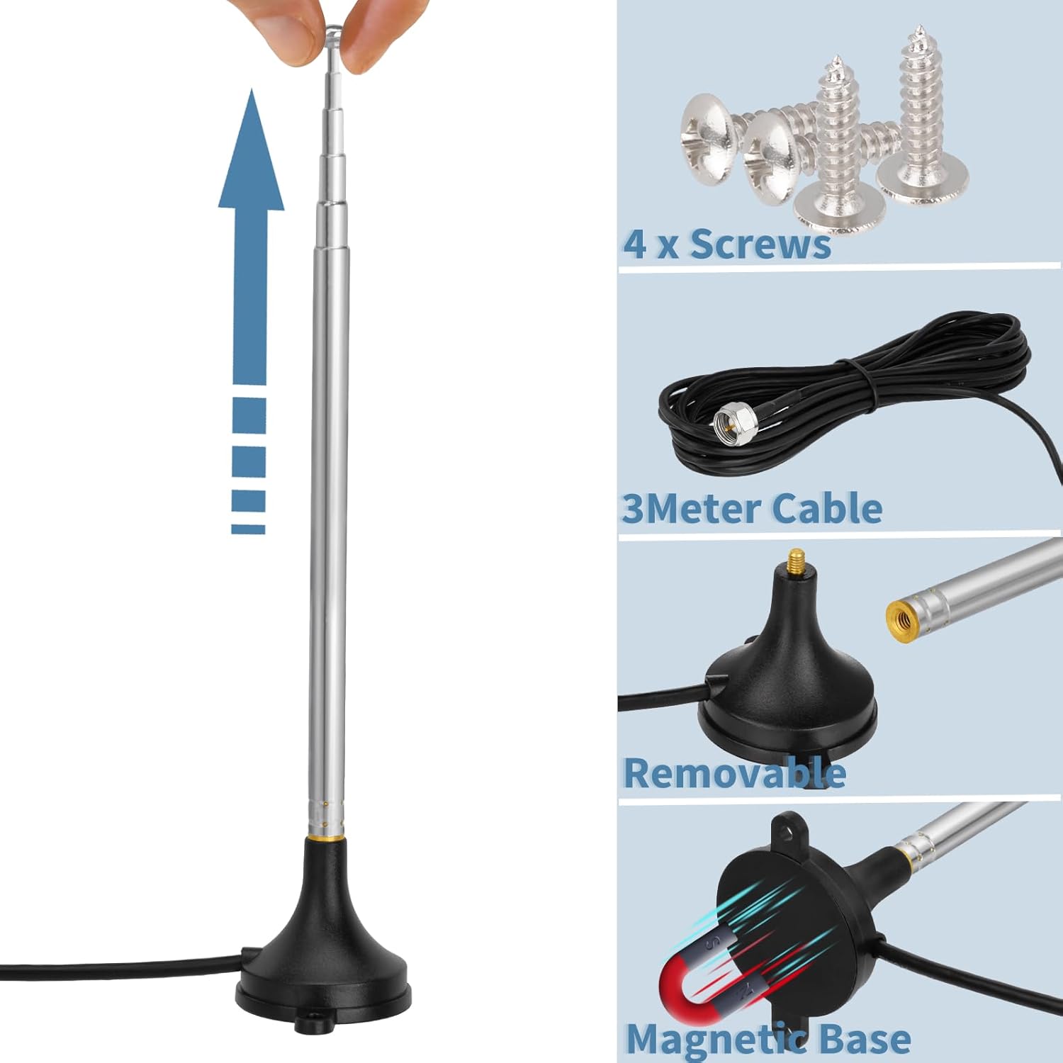 Bingfu DAB FM Radio Antenne – Digitale Teleskopantenne für den Innenbereich mit Magnetfuß, 3 m Koaxialkabel und 3 Adaptern für FM DAB Radio und Heim-Stereosysteme