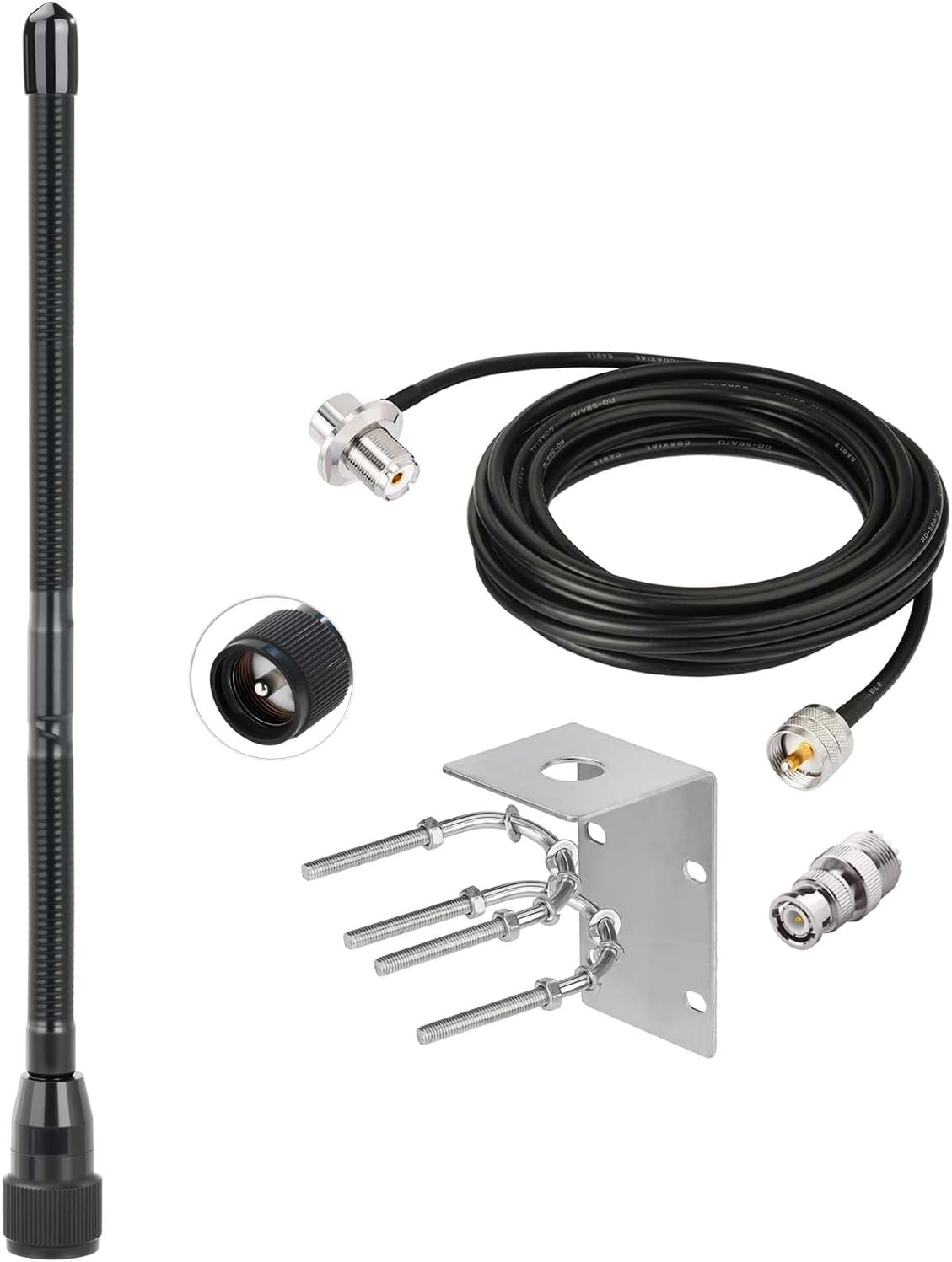 Bingfu Soft Whip CB Antenna 27MHz with PL259 UHF BNC Male 16.5ft RG58 Coaxial Cable for Uniden Bearcat Cobra Galaxy Mobile Radio - Stainless Steel Mount