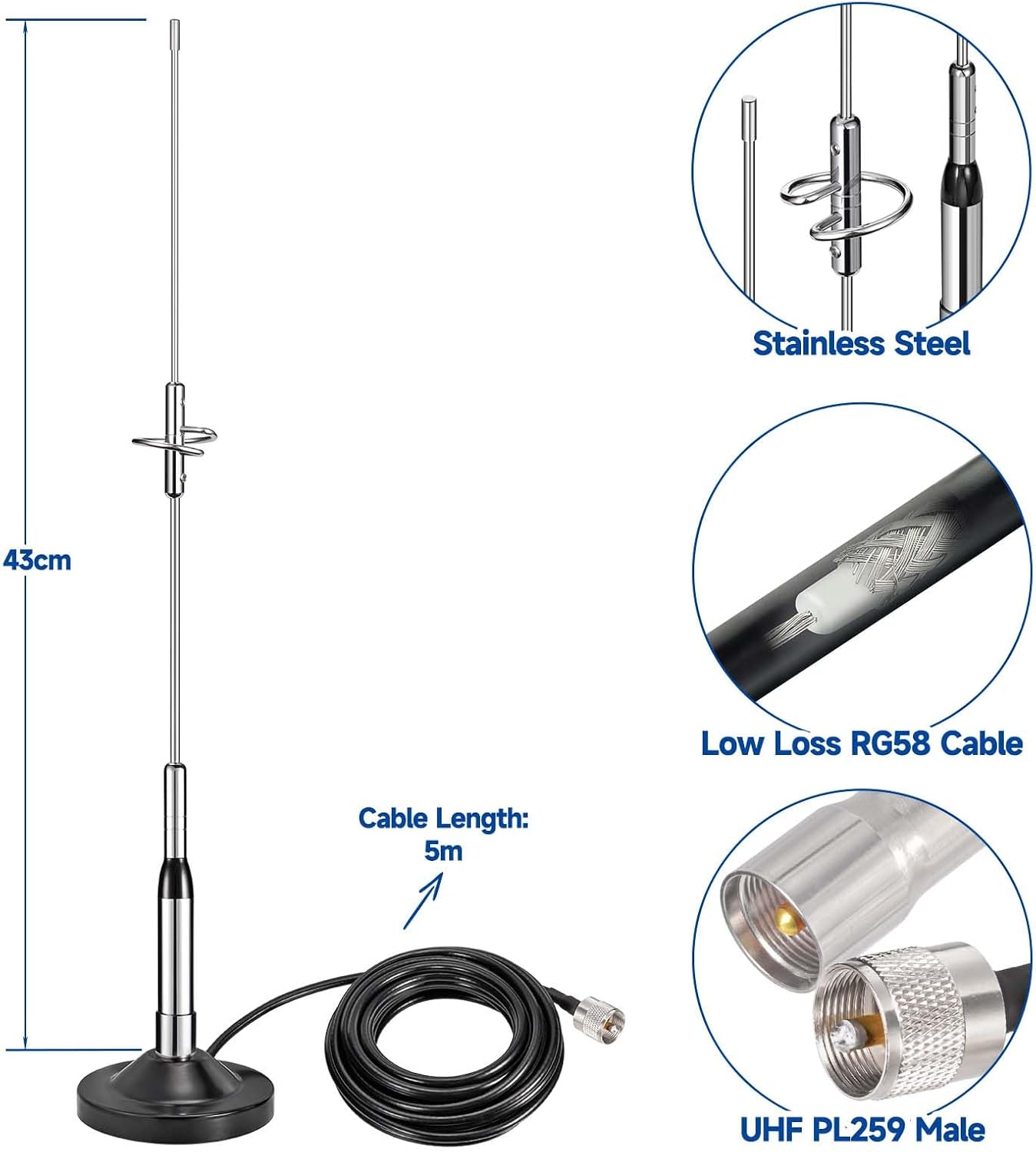 Bingfu Auto Mobile Amateurfunk Antenne Hoher Verstärkung Dual Band VHF UHF 136-174MHz 400-460MHz Amateurfunk Anti-Rost Antennen mit Magnetfuß 5m Kabel für Auto LKW Zwei-Wege-Funk Marine VHF Radio
