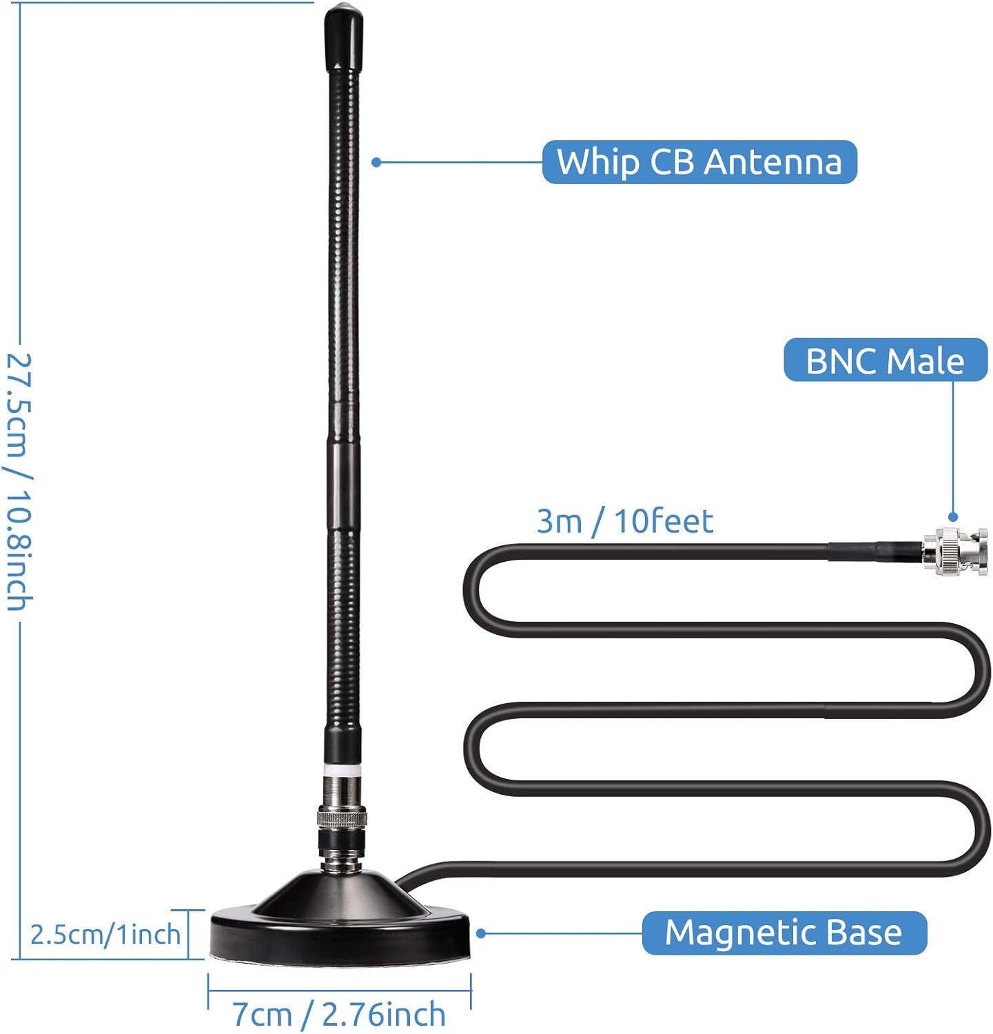 Bingfu Magnetic Base CB Antenna 27MHz with BNC & PL259 Male Connector for Cobra Midland Uniden Maxon President Handheld Portable CB Radio, Mobile Police Scanner - Compact Antenna Design