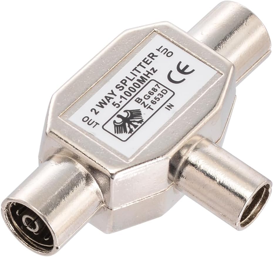 Bingfu 2 Way PAL TV IEC DVB-T Coaxial Antenna Signal Splitter 1 PAL Plug to 2 PAL Jack Coax Adapter 5-1000 MHz