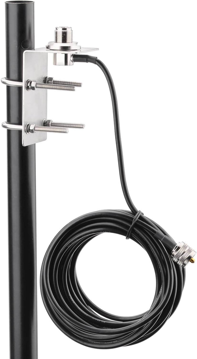 Bingfu Halterung Mount Bracket Edelstahl-Antennenhalterung mit U-Bolzen, 16-mm-Loch, 5m RG58 UHF PL259 zu SO239 Koaxialkabel für Mobil- und Amateurfunkgeräte