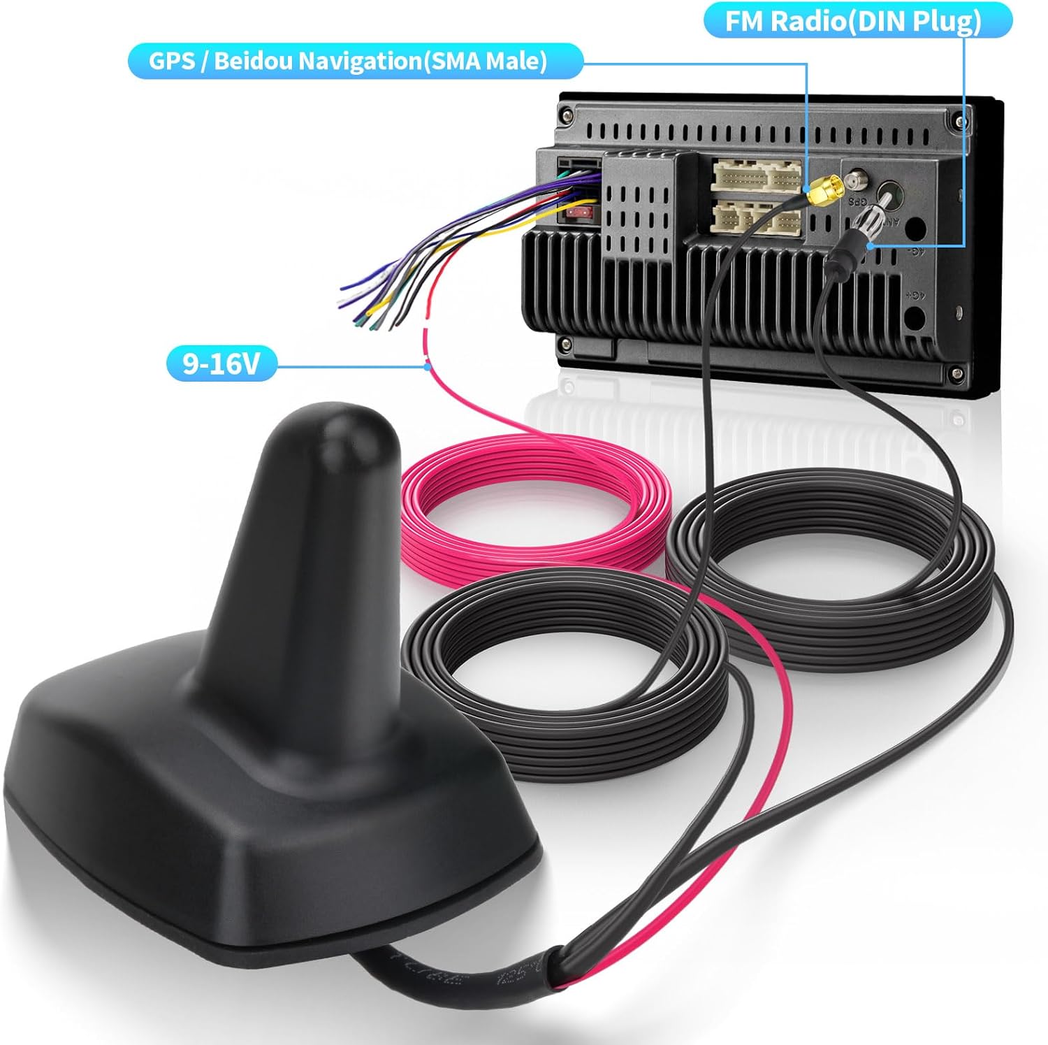 Bingfu Shark Fin Antenna FM AM Radio GPS BeiDou GNSS with 28dB LNA IP65 Waterproof 9-16V Wide Voltage for Car Truck RV Black