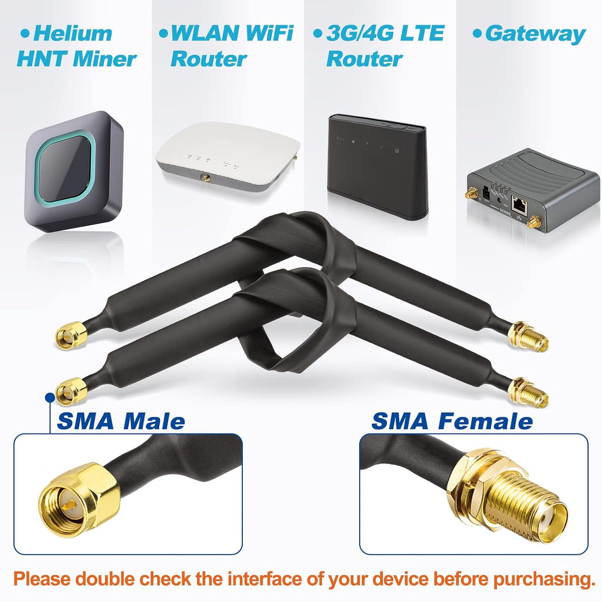 Bingfu SMA Window Cable 30cm SMA Male to Female Flat Cable (Pack of 2)