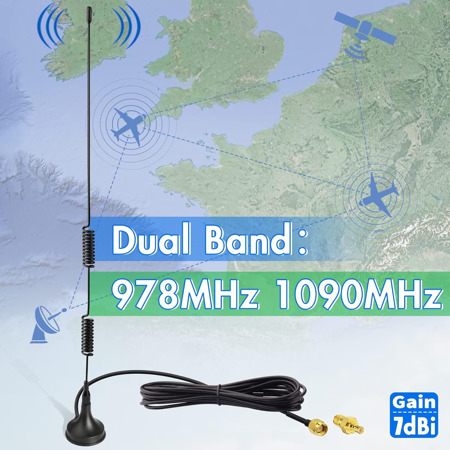 Bingfu Dual Band 978MHz 1090MHz 6dBi Magnetic Base SMA Male MCX Antenna for Aviation Dual Band 978MHz 1090MHz ADS-B Receiver RTL SDR Software Defined Radio USB Stick Dongle Tuner Receiver