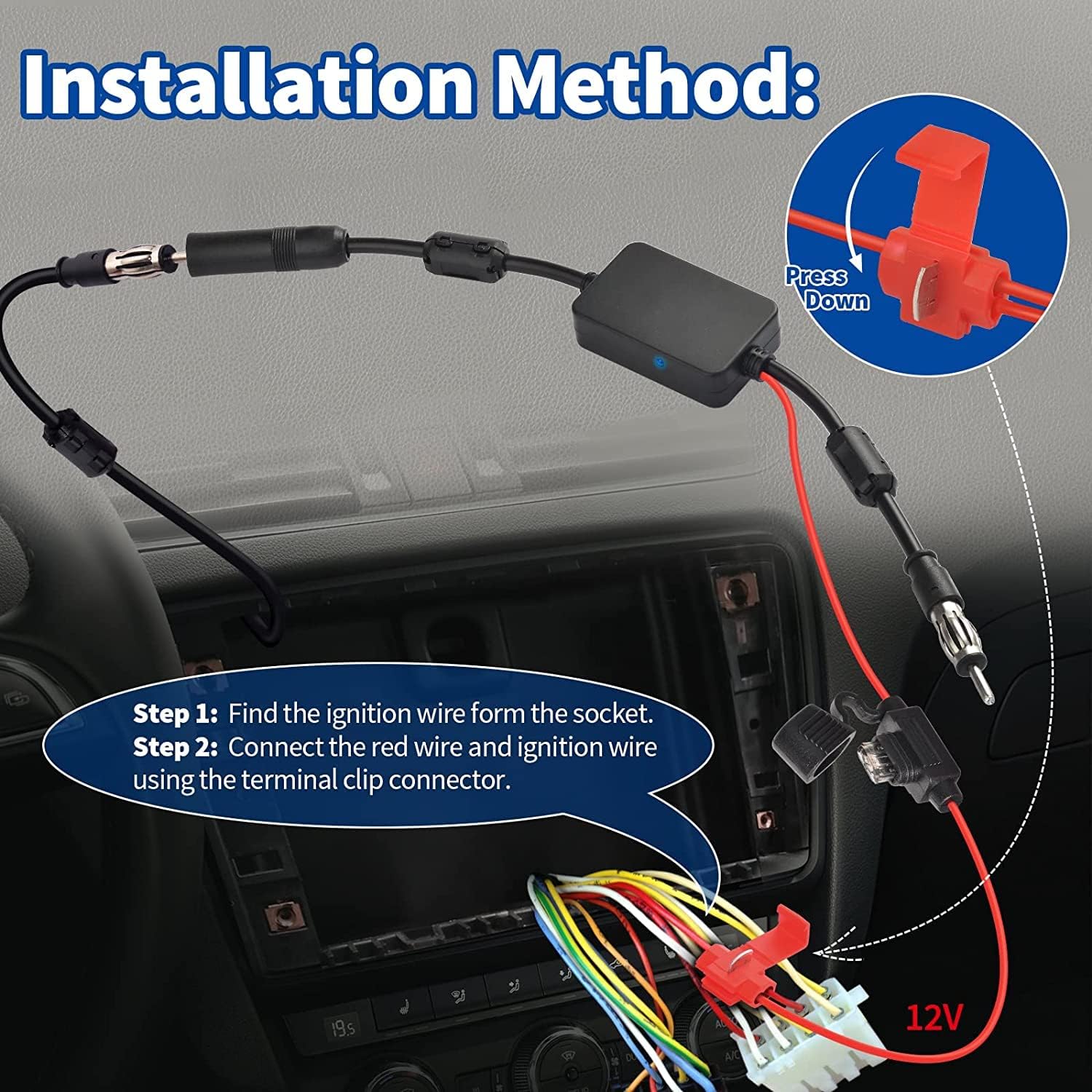 Bingfu Car FM AM Stereo Radio Antenna Signal Booster Amplifier Amp 12V Power Supply DIN Plug Connector Adapter for Vehicle Truck SUV Car Audio Radio Stereo Media Head Unit Receiver