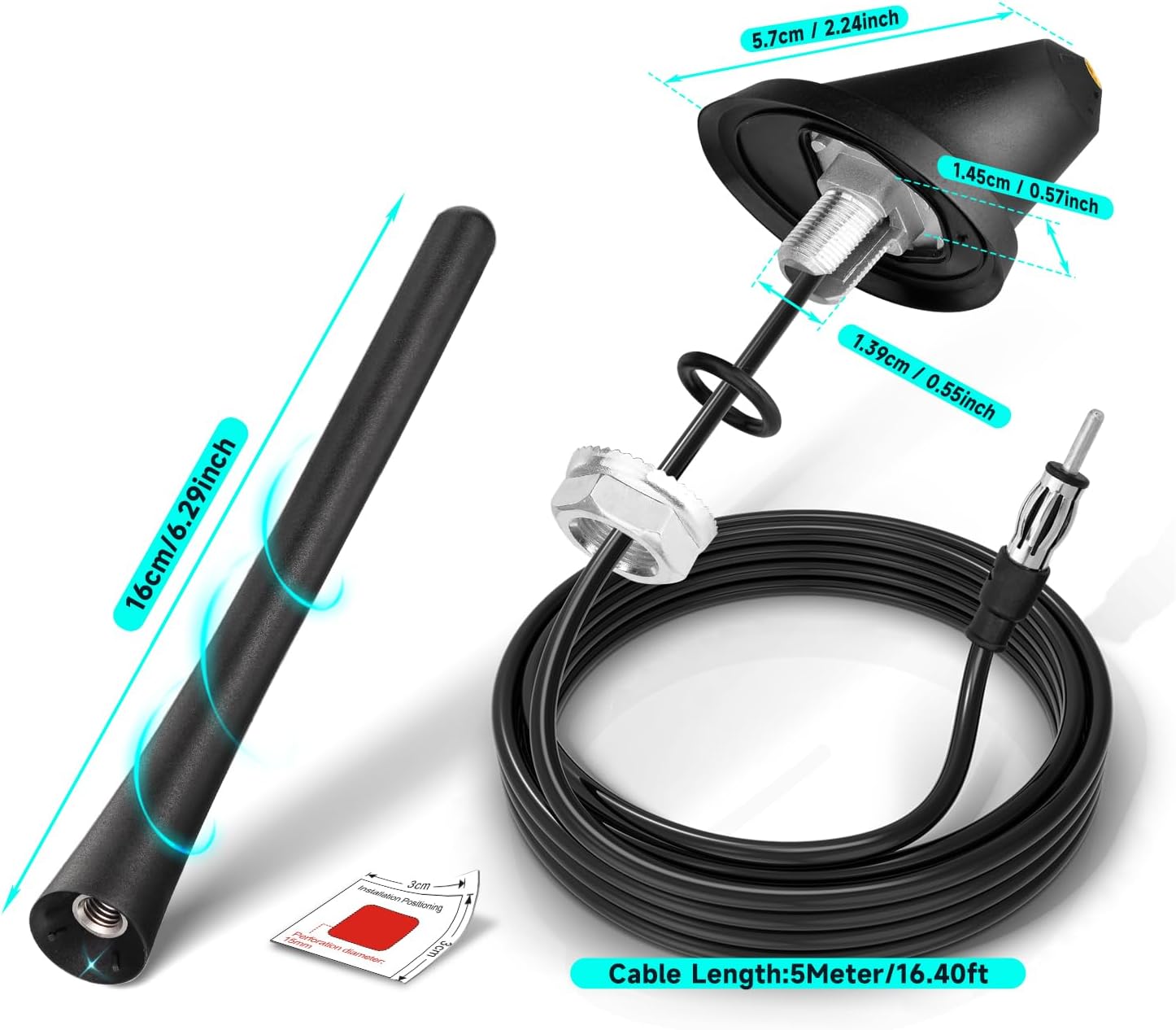 Bingfu Auto-Radioantenne, 22cm universelle Dachmontage FM/AM Antenne mit Montagefuß, 5m Kabel, DIN-Stecker für Auto, LKW, SUV Stereo-Head-Unit-Empfänger