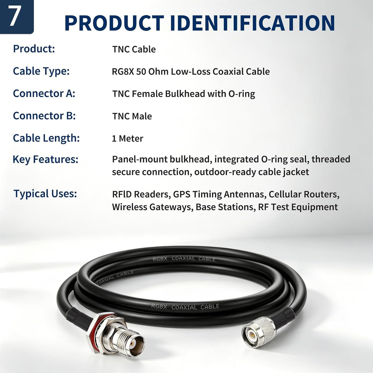 BINGFU TNC Cable 1 m TNC Female (Bulkhead) with O-Ring to Male