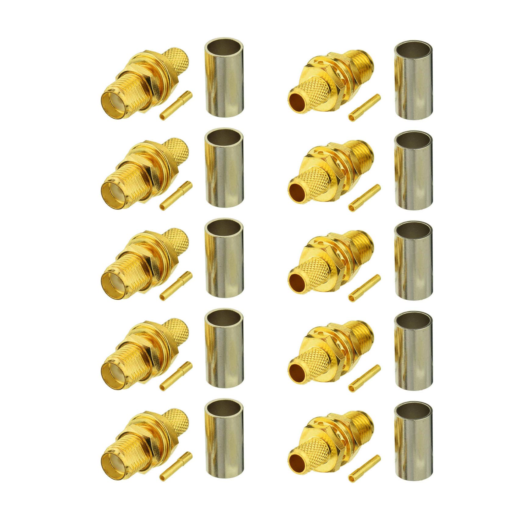 BINGFU SMA Female Bulkhead Mount Crimp Solder Attachment 50 Ohm Gold Plated Copper Connector (10-Pack) Compatible with RG58 RG303 RG141 RG142 RG400 Low Loss 195 Coaxial Coax Jumper Cable