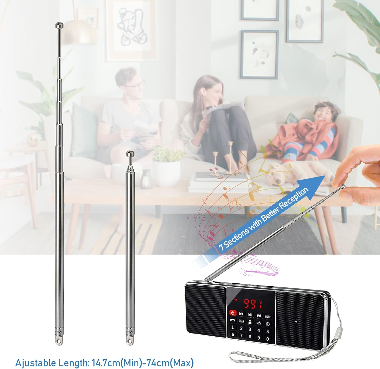 FM UKW Tragbare Radio Antenne Ersatz 7-Sections 74cm Teleskopantenne 4 Kit Kompatibel mit TV ATSC DVB-T DVB-T2 Tragbarem Innenradio Bluetooth-Stereoempfänger AV-Audio Vedio-Heimkinoempfänger
