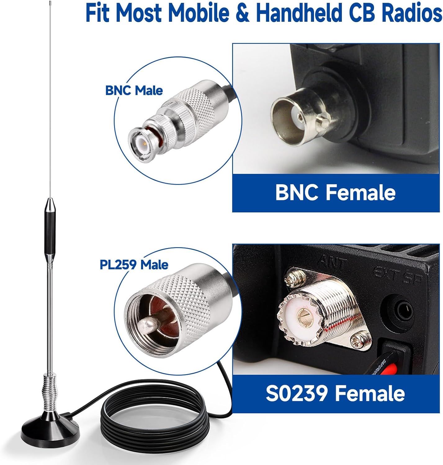 Bingfu CB Radio Antennas 27MHz - PL259 & BNC Male Truck Antenna Kit Magnetic Base - Compatible with Galaxy Uniden Bearcat Cobra Radioddity Texas Ranger RoadKing Mobile CB Radio