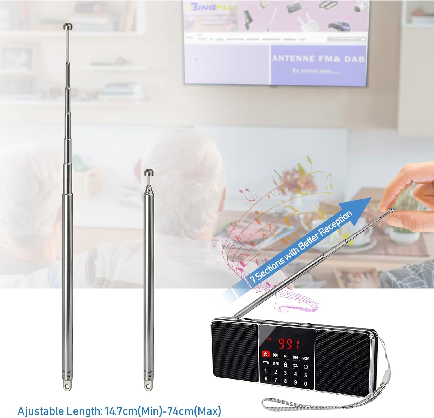 FM FM Portable Radio Antenna Replacement 7-Sections 74 cm Telescopic Antenna 2 Kit Compatible with TV ATSC DVB-T DVB-T2 Portable Indoor Radio Bluetooth Stereo Receiver AV Audio Vedio Home