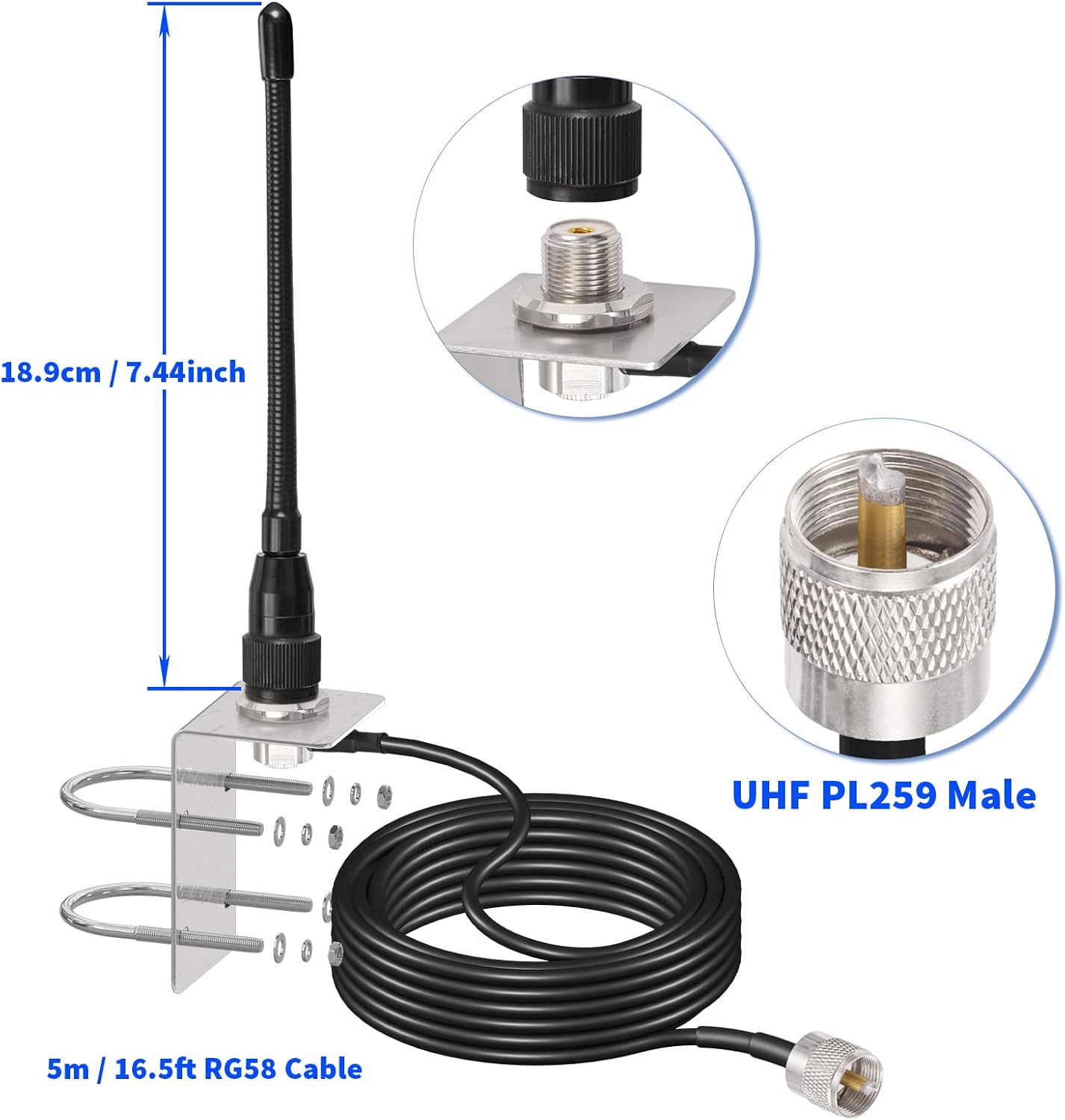 Bingfu Marine VHF Radio External Antenna 156-163MHz PL259 Male L Mount Bracket Antennas with 16.5 feet 5m RG58 Coaxial Cable for Car Truck Boat ATV Amateur Mobile Ham Radio
