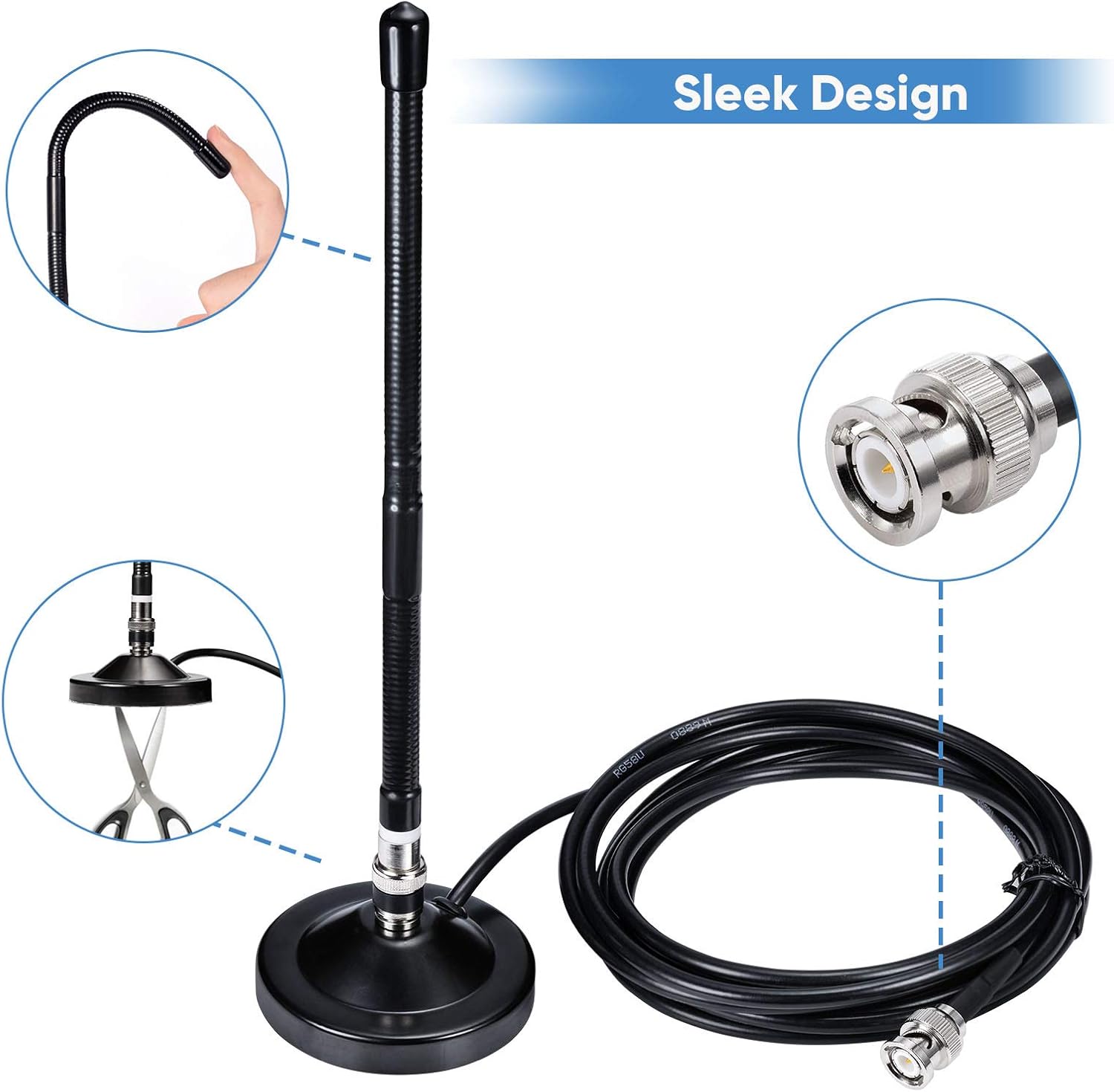 Bingfu Magnetic Base CB Antenna 27MHz with BNC & PL259 Male Connector for Cobra Midland Uniden Maxon President Handheld Portable CB Radio, Mobile Police Scanner - Compact Antenna Design