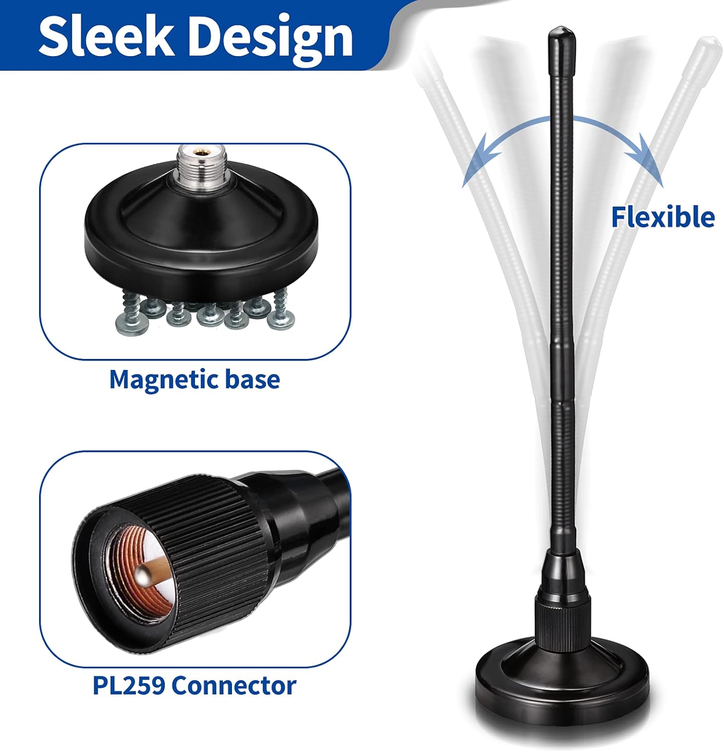 Bingfu 27MHz CB Radio Antenna Magnetic Base Soft Whip PL259 & BNC Male Compatible with Cobra Midland Uniden Maxon President Mobile CB Radio Antenna Kit for Car Truck