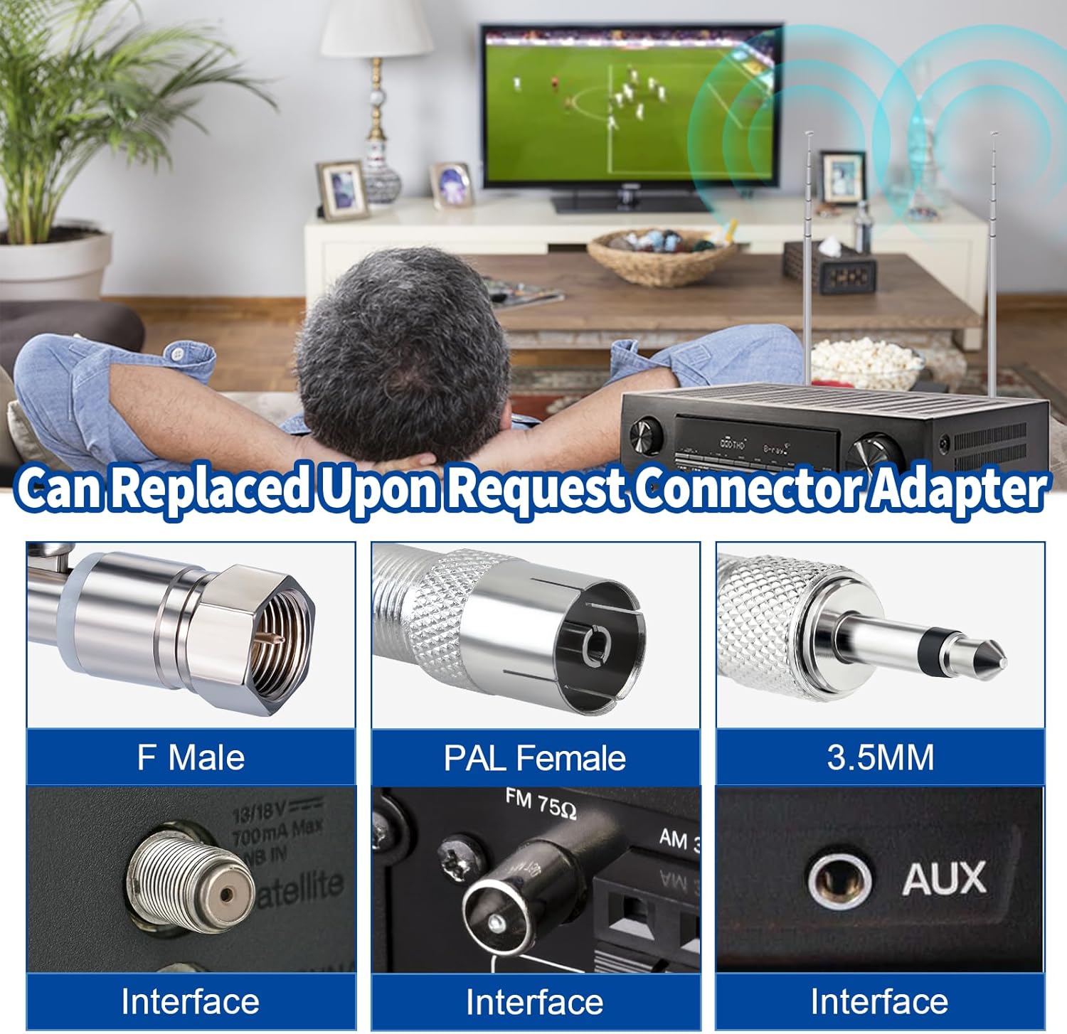 DAB UKW Radio Antenne AV Empfänger 75Ohm Unbal F Stecker Teleskopantenne, Plus 2 Zusätzliche Adapter für Tragbaren Radio-Tuner Stereo-Empfänger AV-Empfänger Stereo-Verstärker HiFi-Receiver