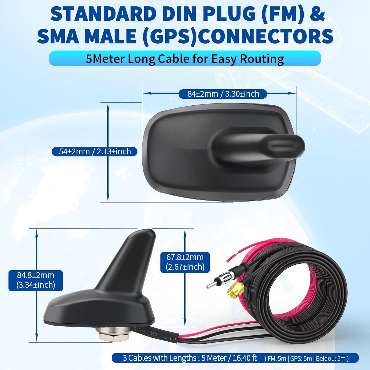 Bingfu Shark Fin Antenna FM AM Radio GPS BeiDou GNSS with 28dB LNA IP65 Waterproof 9-16V Wide Voltage for Car Truck RV Black