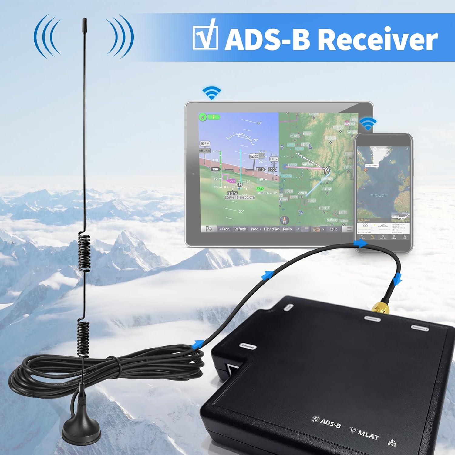 Bingfu Dual Band 978MHz 1090MHz 6dBi Magnetic Base SMA Male MCX Antenna for Aviation Dual Band 978MHz 1090MHz ADS-B Receiver RTL SDR Software Defined Radio USB Stick Dongle Tuner Receiver