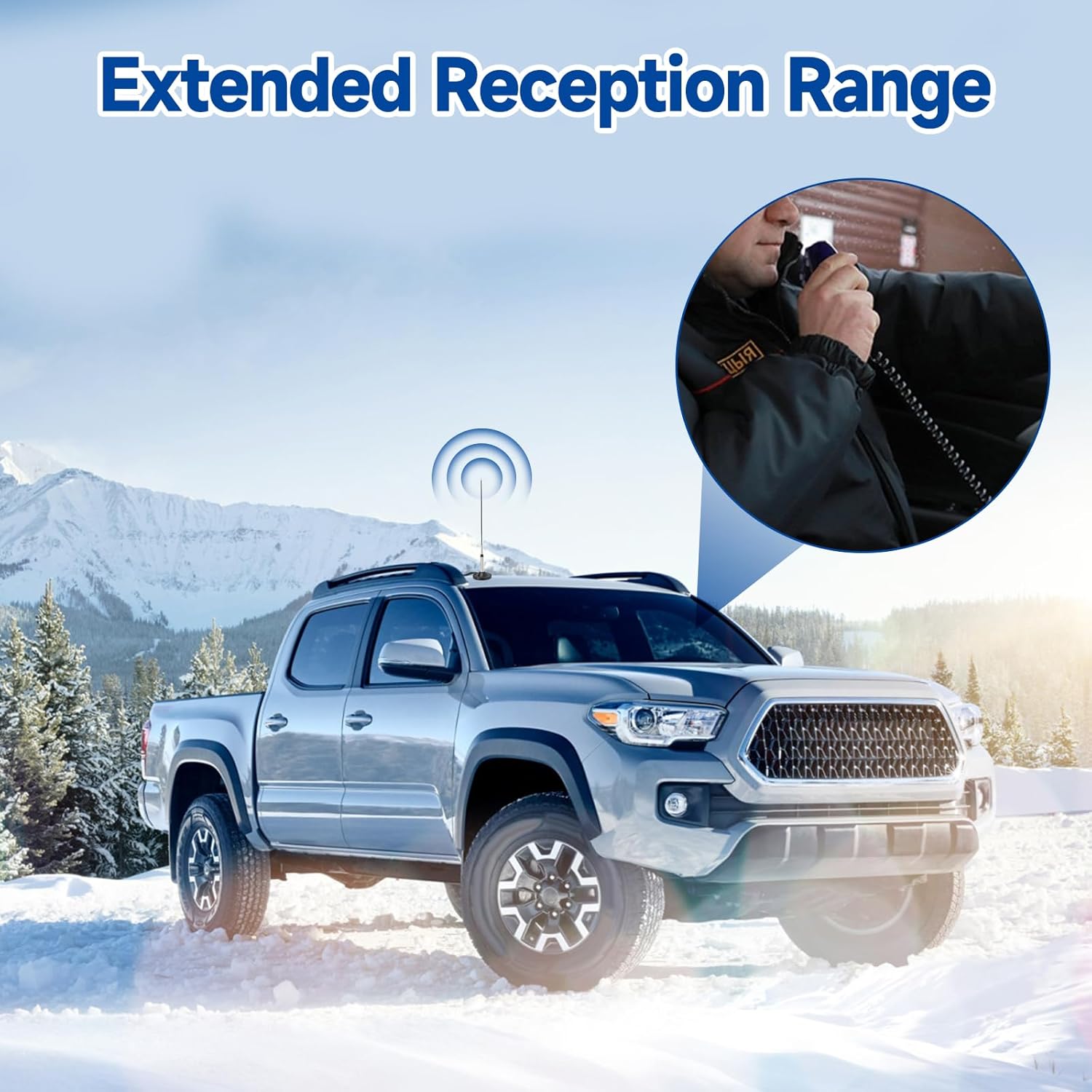 A Bingfu fiberglass antenna mounted on an off-road SUV traveling through harsh weather conditions