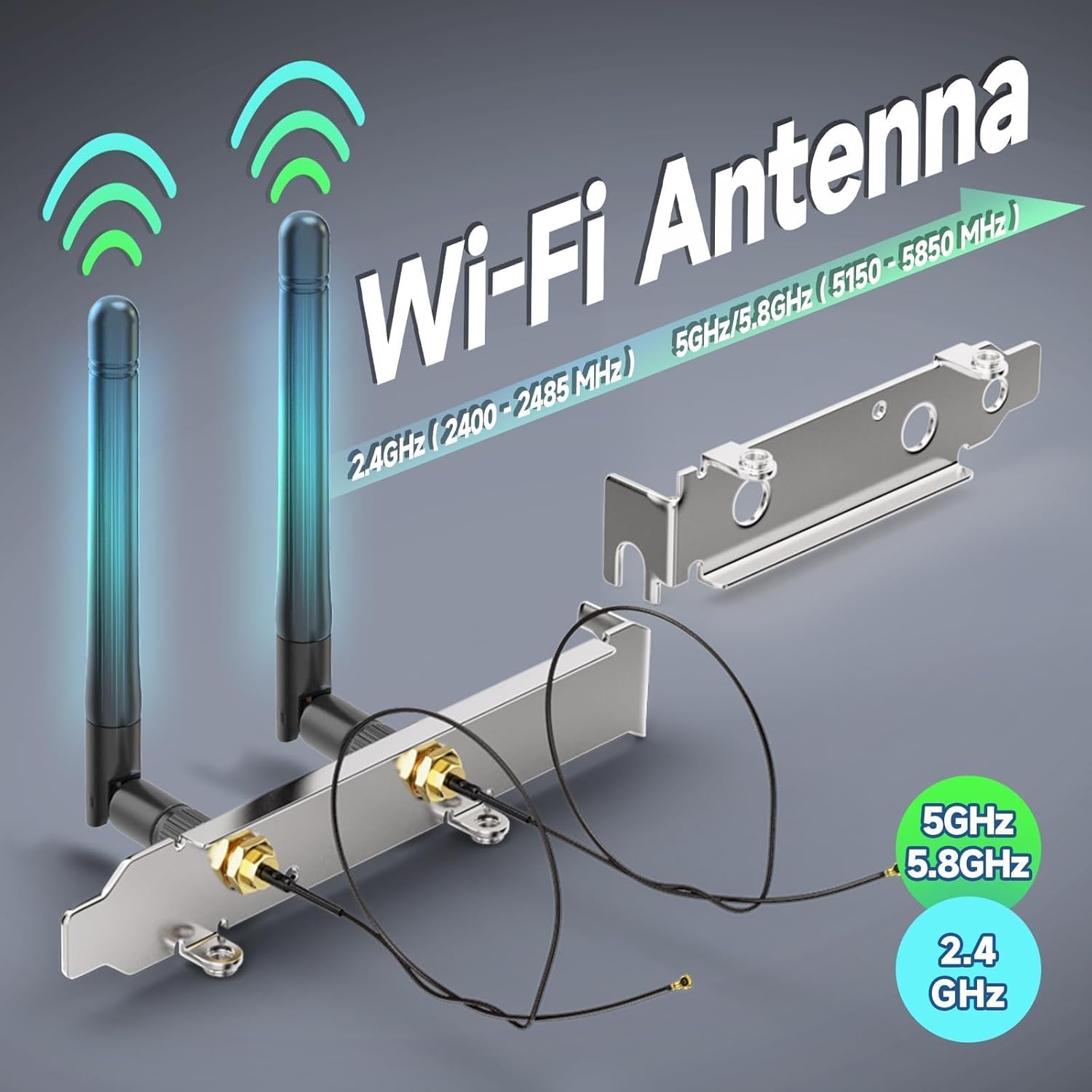 A completed desktop PC build showing external WiFi antennas mounted on the rear PCI slot