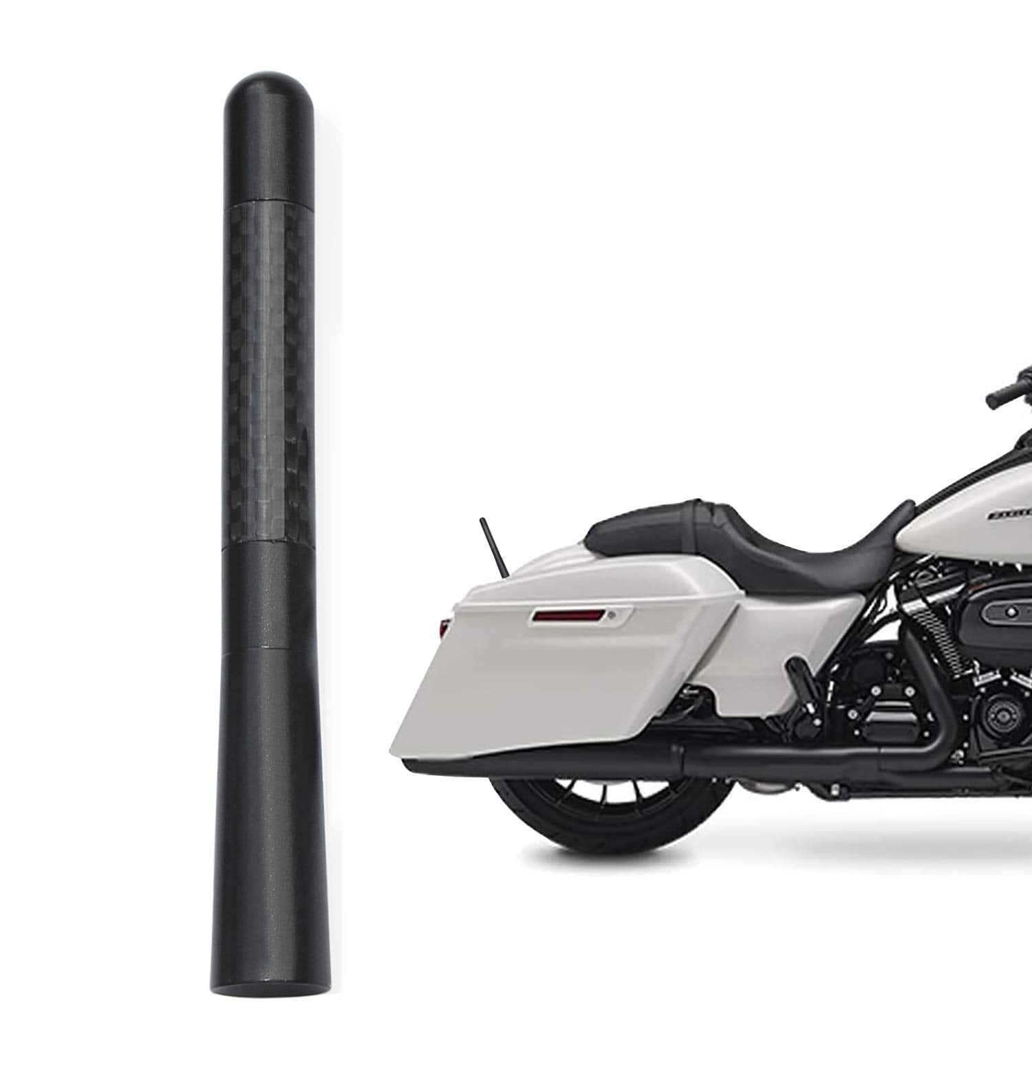 A customized Harley Davidson Street Glide parked outdoors, showcasing the sleek, low-profile look of the Bingfu carbon fiber antenna