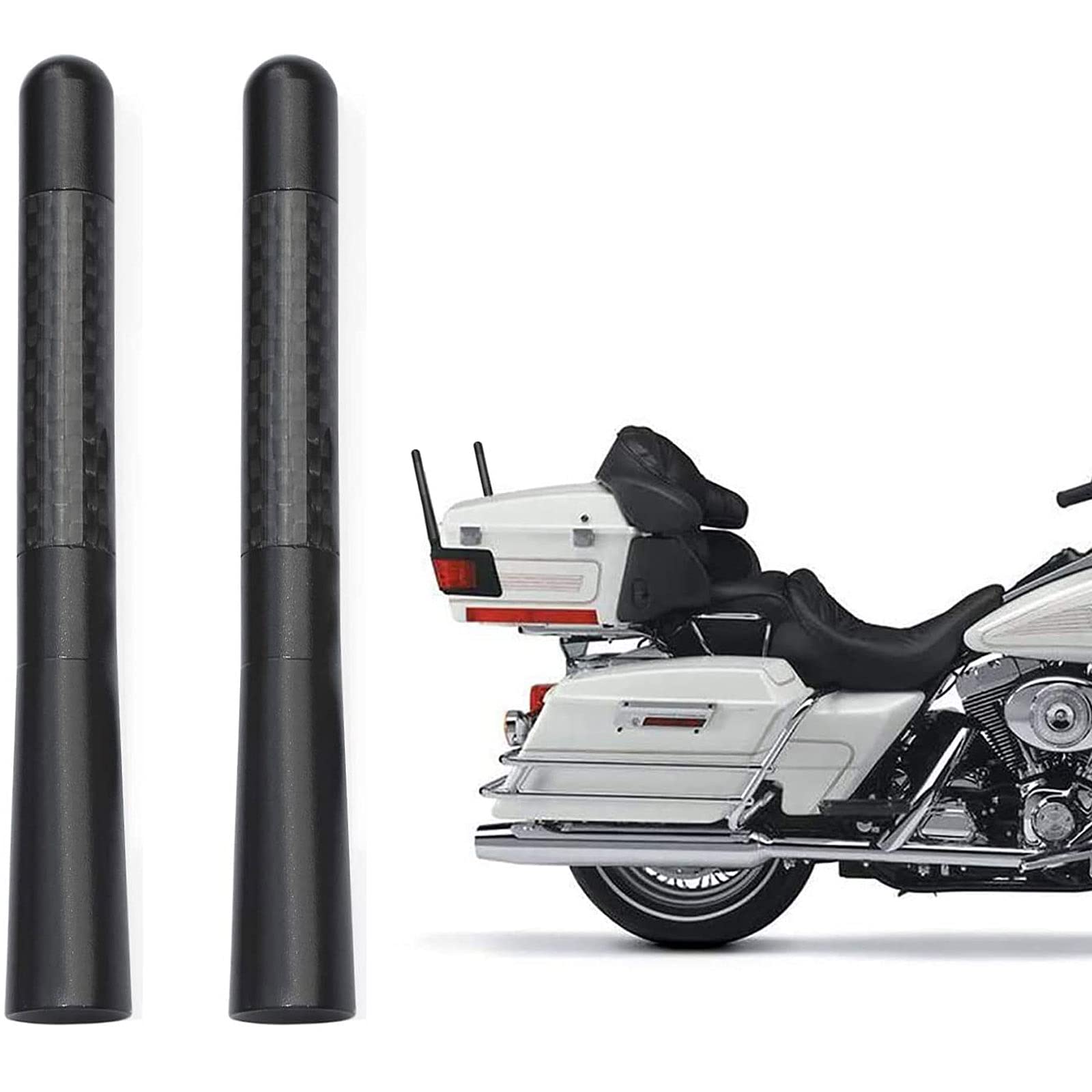 A customized Harley Davidson touring bike on a scenic highway, featuring the low-profile Bingfu black antenna for a clean look