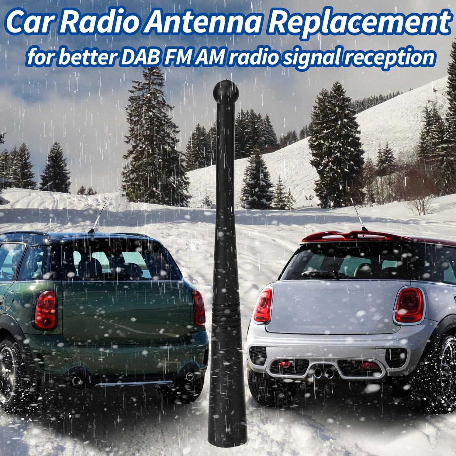 A modern SUV driving through a city with the Bingfu 14cm antenna installed, maintaining clear digital DAB radio signal