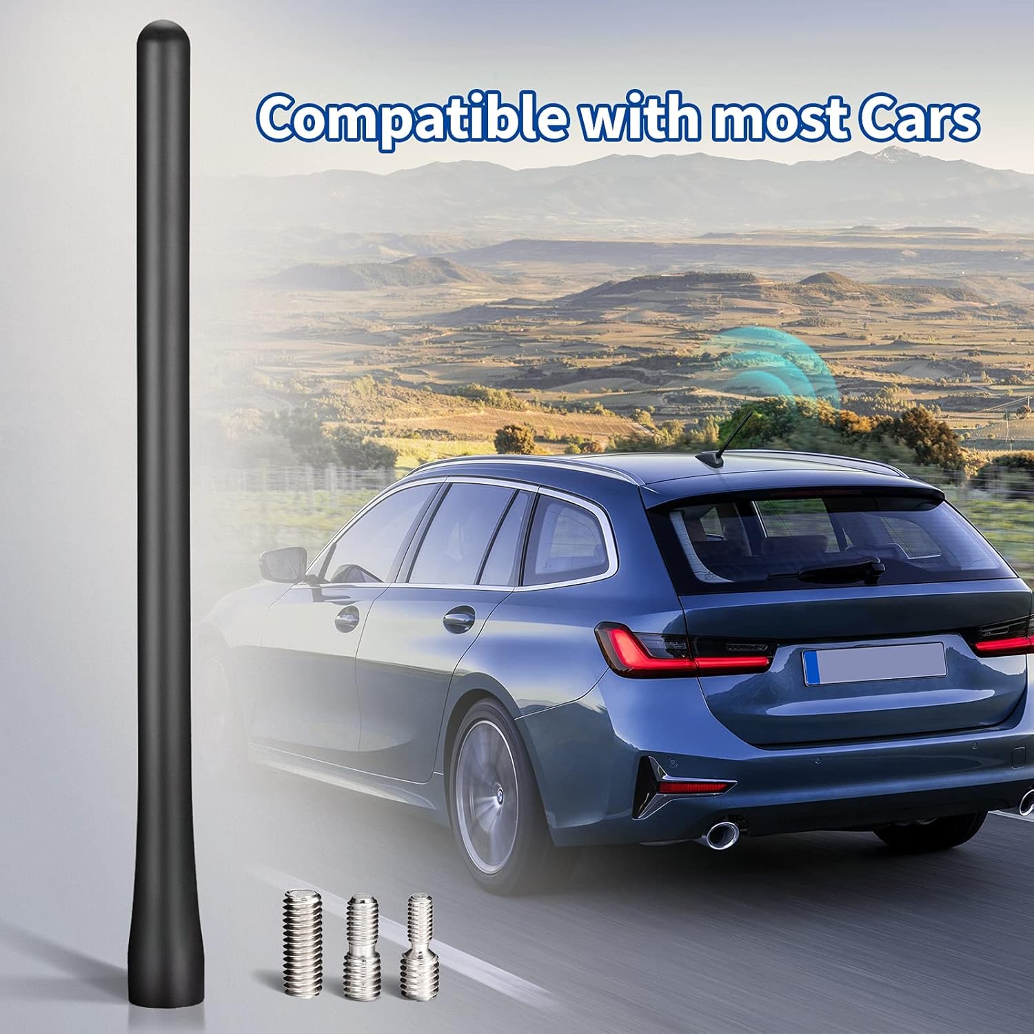 A modern SUV equipped with the Bingfu 19.5cm antenna, showcasing its flexible "car-wash safe" properties and low-profile aerodynamic look