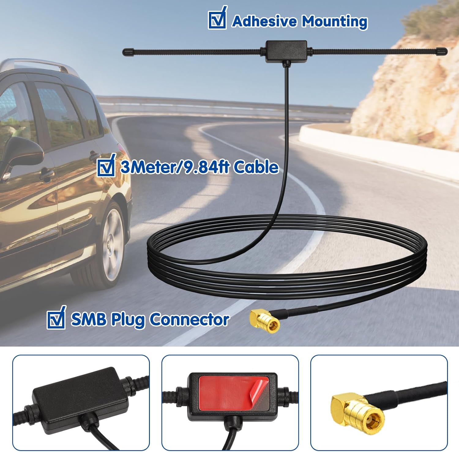 A modern car dashboard featuring an Android head unit receiving crystal-clear DAB+ signals via the discreetly mounted Bingfu glass antenna