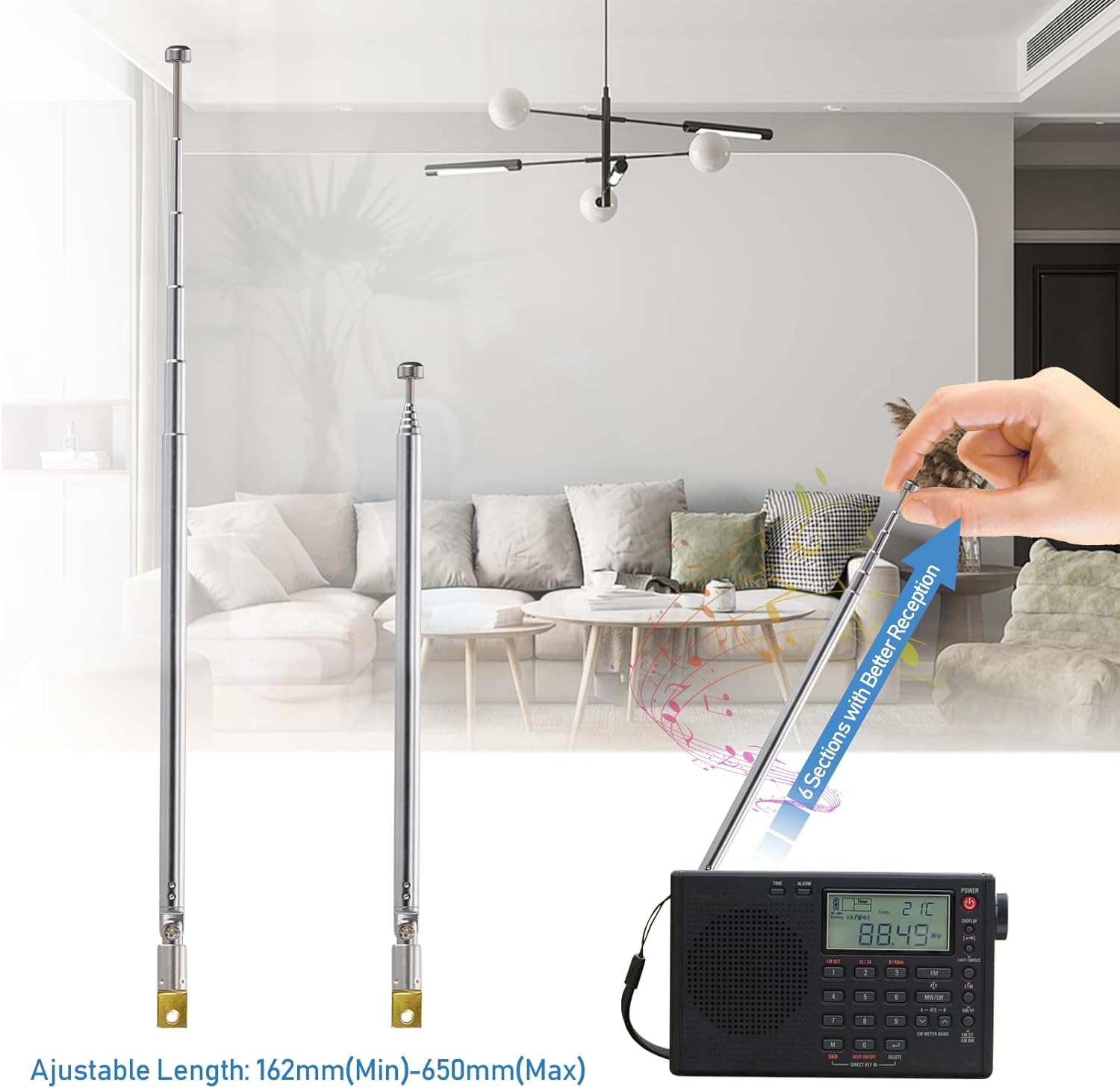 A modern home theater setup with two Bingfu telescopic antennas installed to improve FM and digital TV reception for a hi-fi system