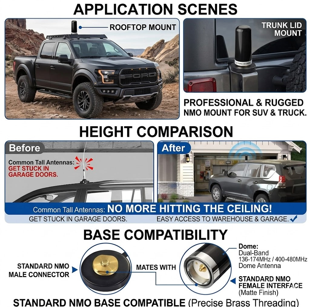 A vehicle equipped with the Bingfu NMO antenna entering a low-clearance parking garage without the need to remove the antenna