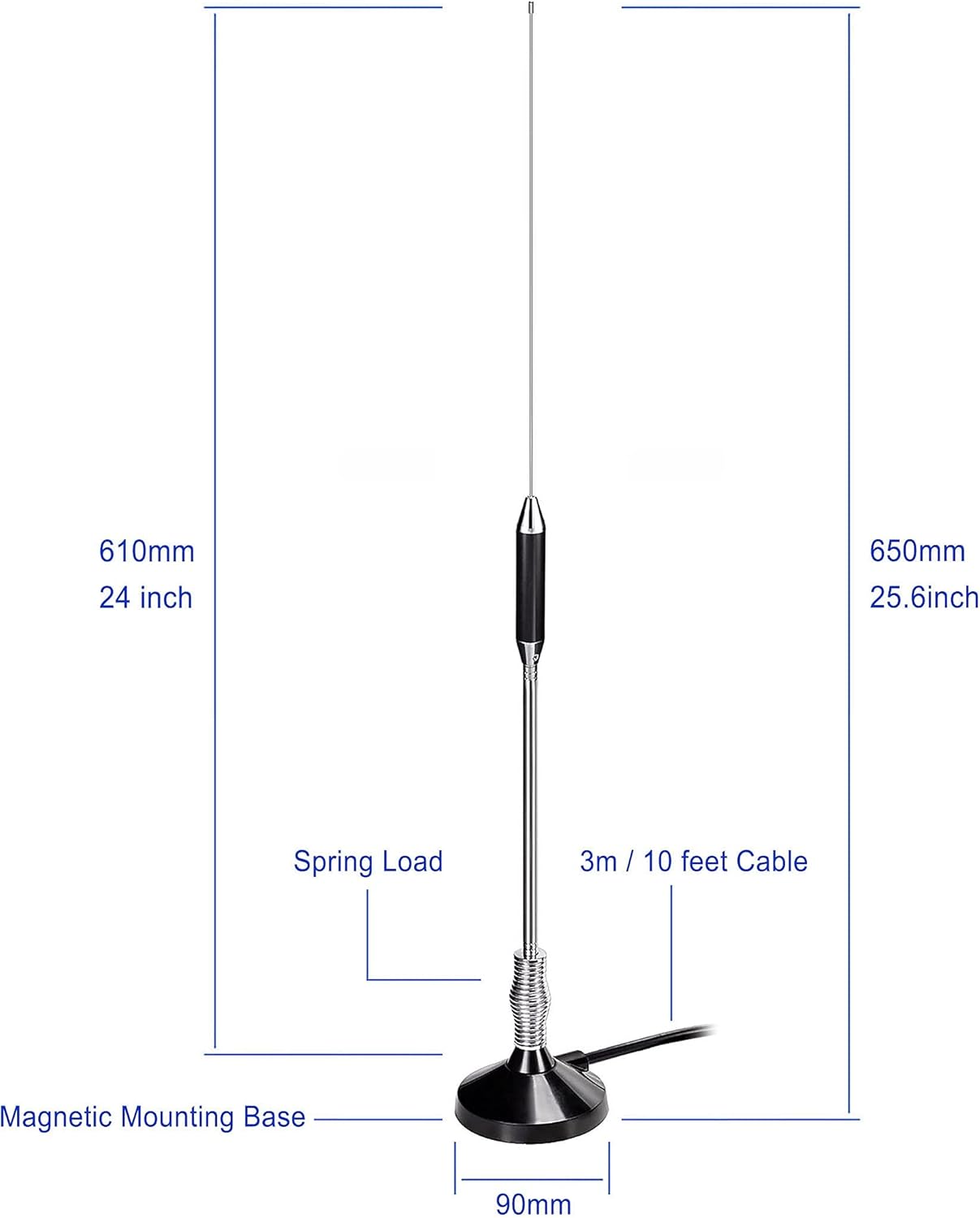 Annotated dimension diagram showing the 61cm antenna height and 3m cable length