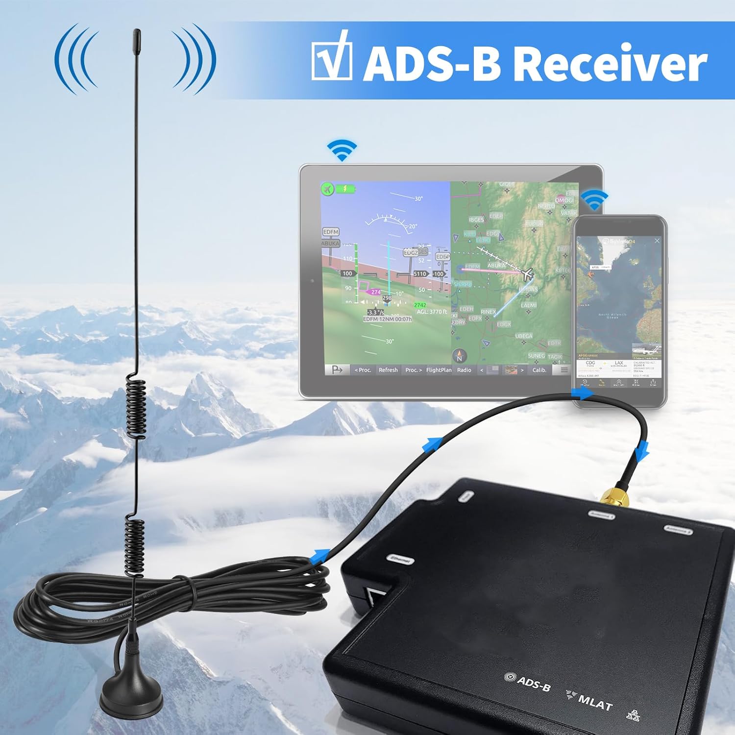 Aviation enthusiast’s desk setup with an RTL-SDR USB dongle connected to the Bingfu ADS-B antenna