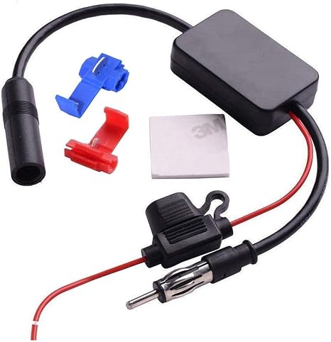 Bingfu 12V car radio signal booster amplifier in a compact black housing with DIN male and female connectors.