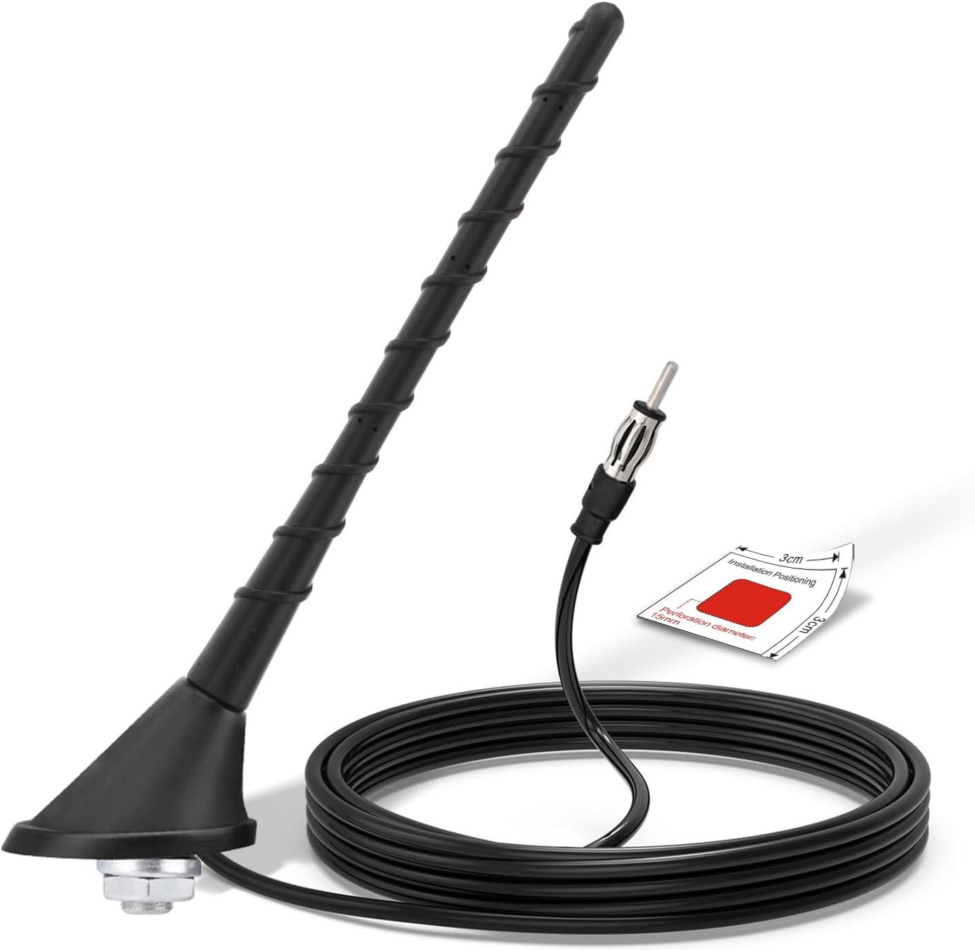 Bingfu 24cm universal roof mount antenna kit with a flexible rubber-wrapped mast, waterproof base, and 5-meter DIN cable