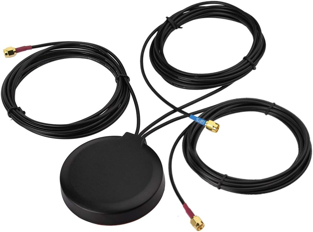 Bingfu 3-in-1 combo antenna with dual 4G LTE MIMO and active GPS, featuring a sleek black circular housing and 3m extension cables