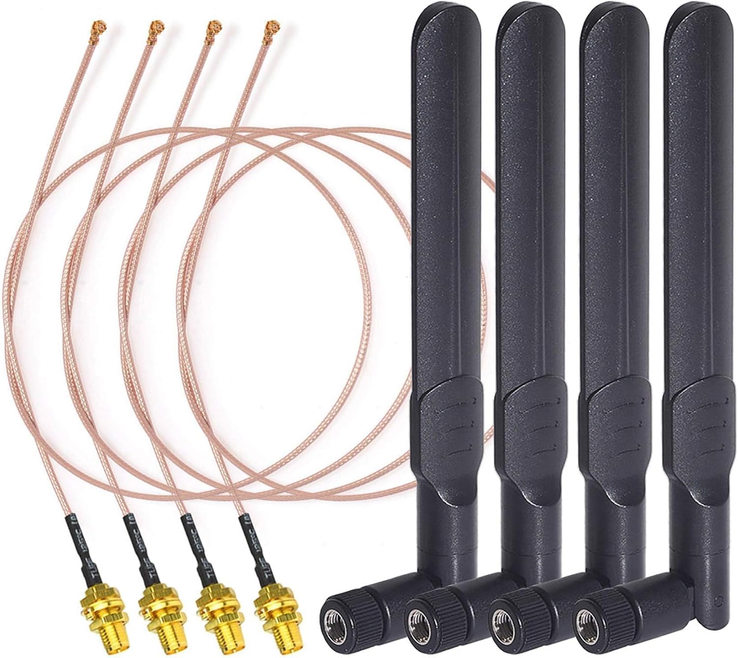Bingfu 4-pack 8dBi ultra high-gain dual-band WiFi antennas with 20cm IPEX U.FL (IPEX1) to RP-SMA pigtail cables