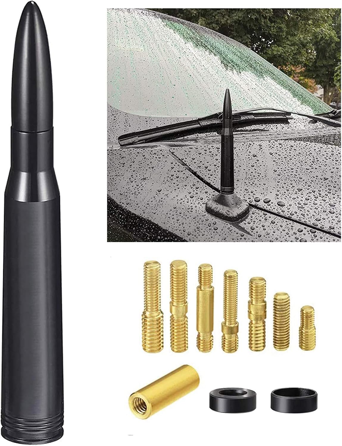 Bingfu 5.5-inch bullet style car antenna replacement made of solid T6061 billet aluminum with a sleek matte black finish