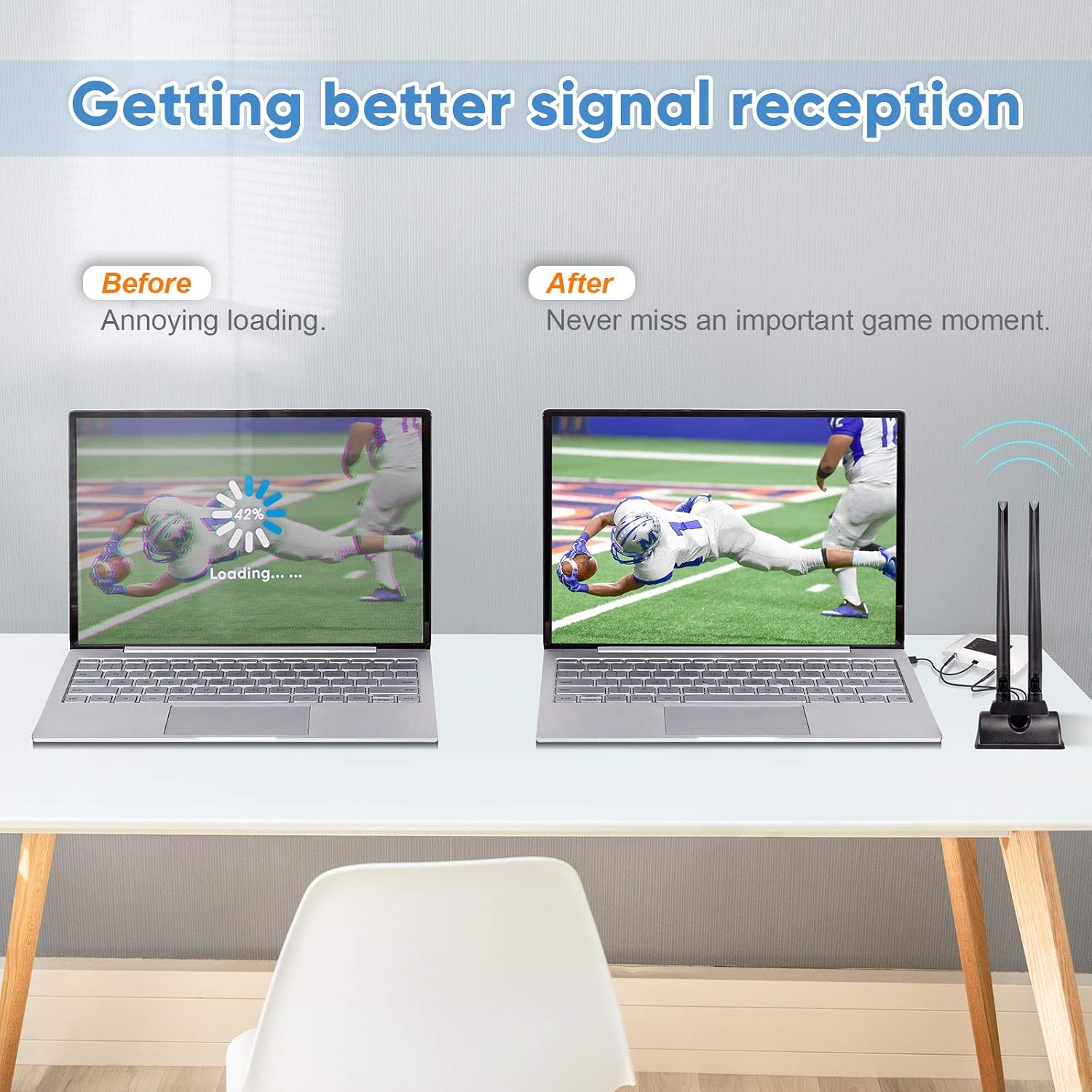 Bingfu 6dBi antennas magnetically attached to a metal windowsill for stable home office internet