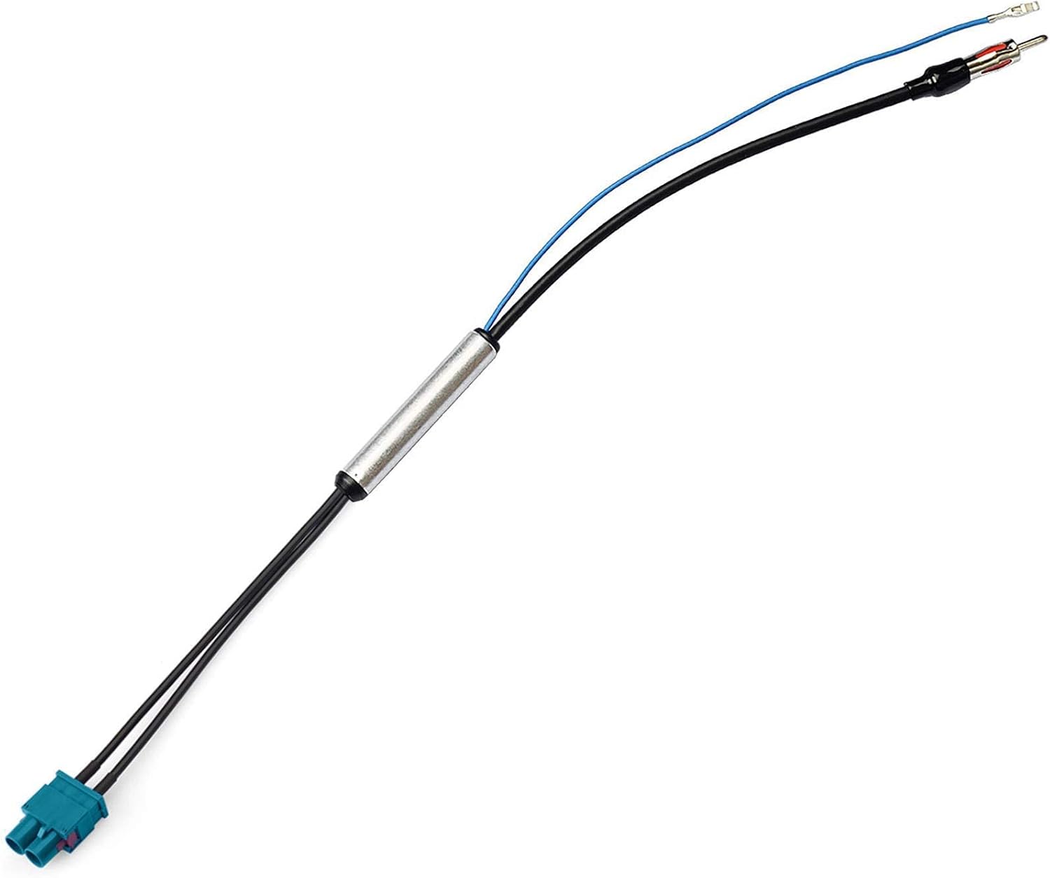 Bingfu Double Fakra to DIN antenna adapter featuring a blue phantom power wire and integrated signal booster for German vehicle radio upgrades.