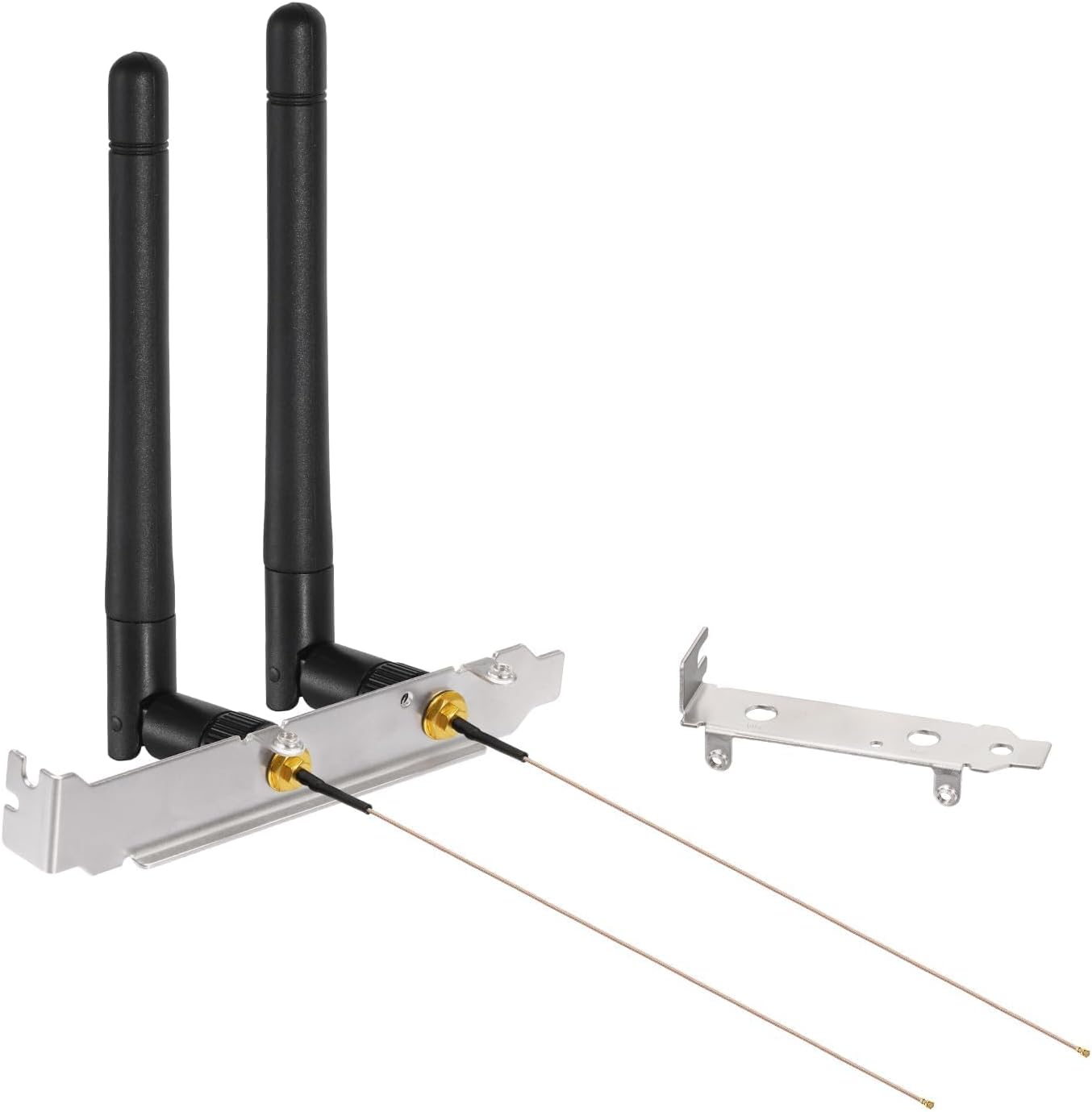 Bingfu Dual Band WiFi antenna kit with 2 antennas, 2 IPEX U.FL pigtail cables, and a PCI slot bracket