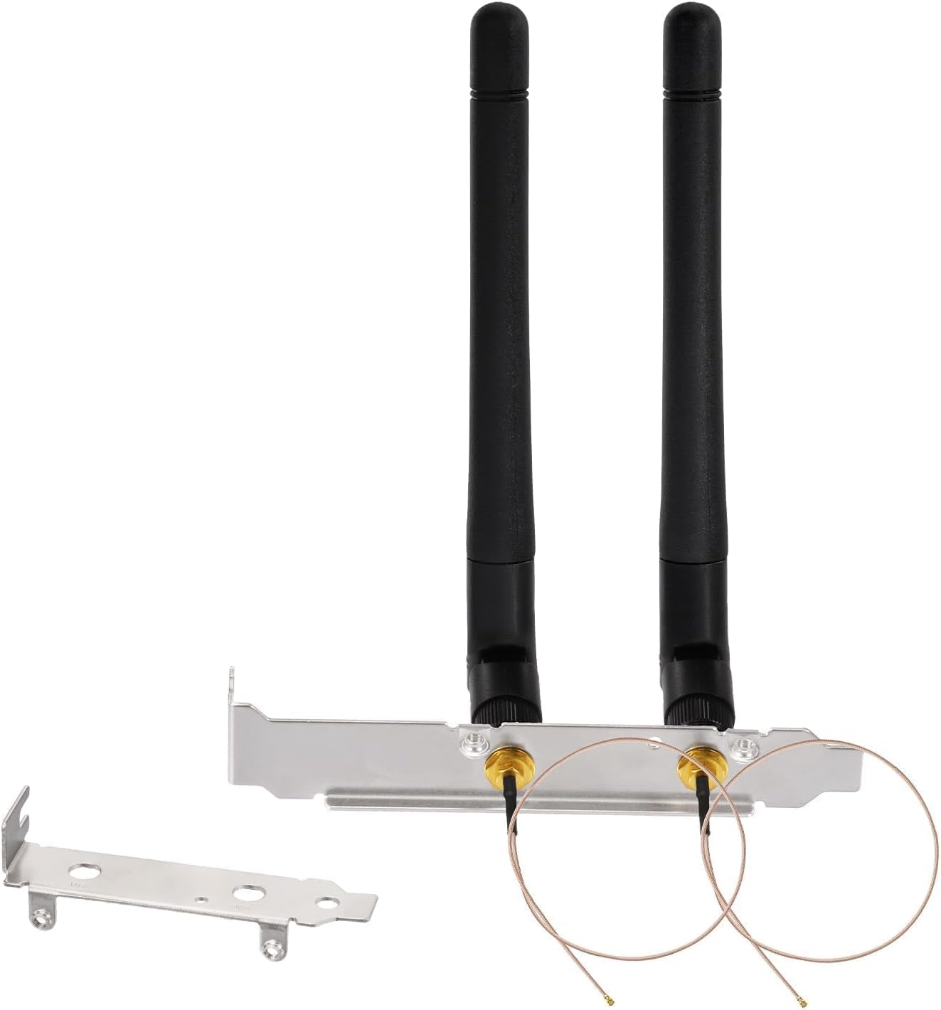 Bingfu Dual Band WiFi antenna kit with 2 antennas, 2 IPEX U.FL pigtail cables, and a PCI slot bracket