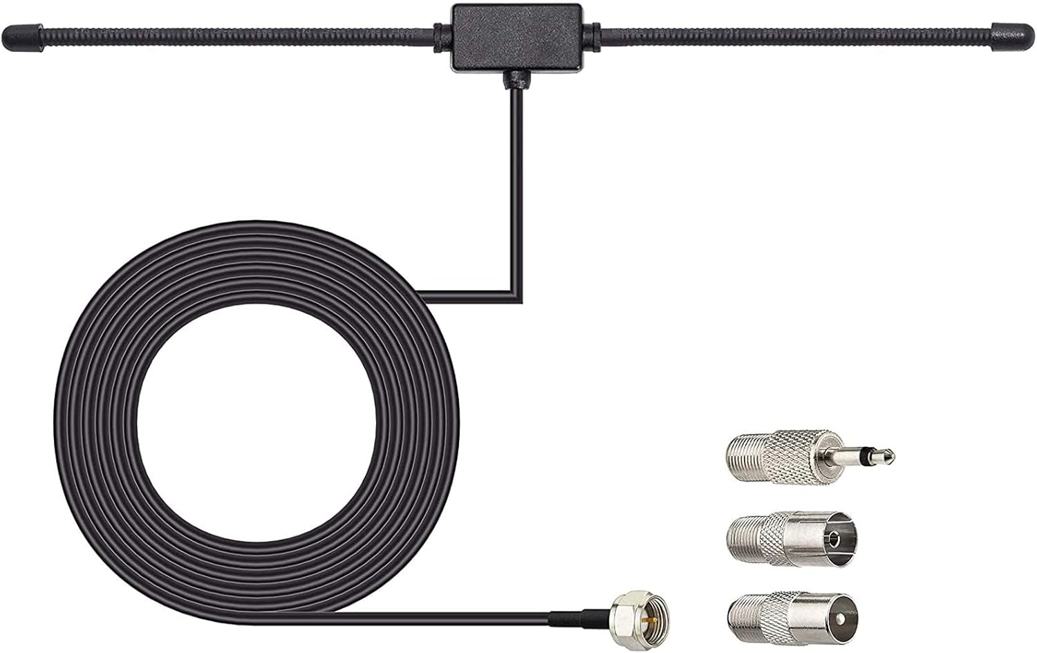 Bingfu FM DAB T-bar dipole radio antenna with a 3-meter transparent coaxial cable and a set of 3 universal connector adapters.
