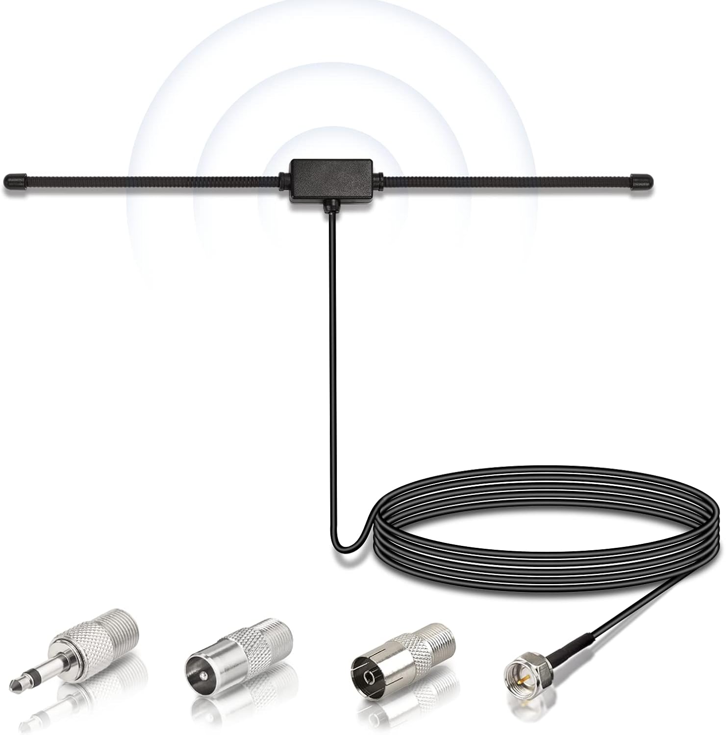 Bingfu FM DAB T-bar dipole radio antenna with a 3-meter transparent coaxial cable and a set of 3 universal connector adapters