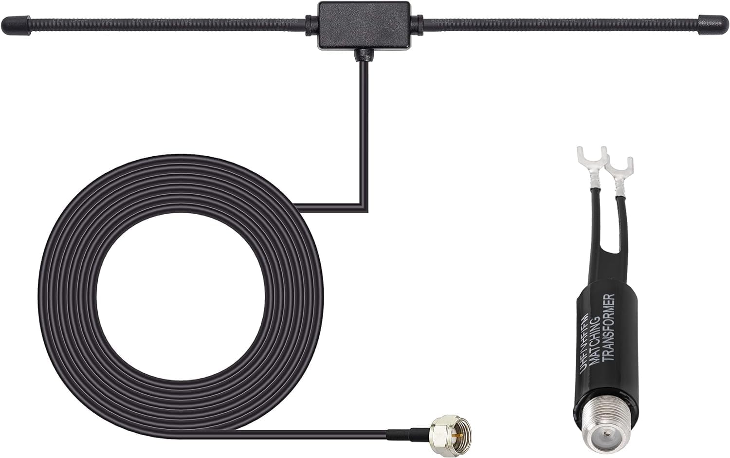Bingfu FM/DAB radio antenna kit featuring a T-type dipole wire and a 300-ohm to 75-ohm matching transformer with spade terminals