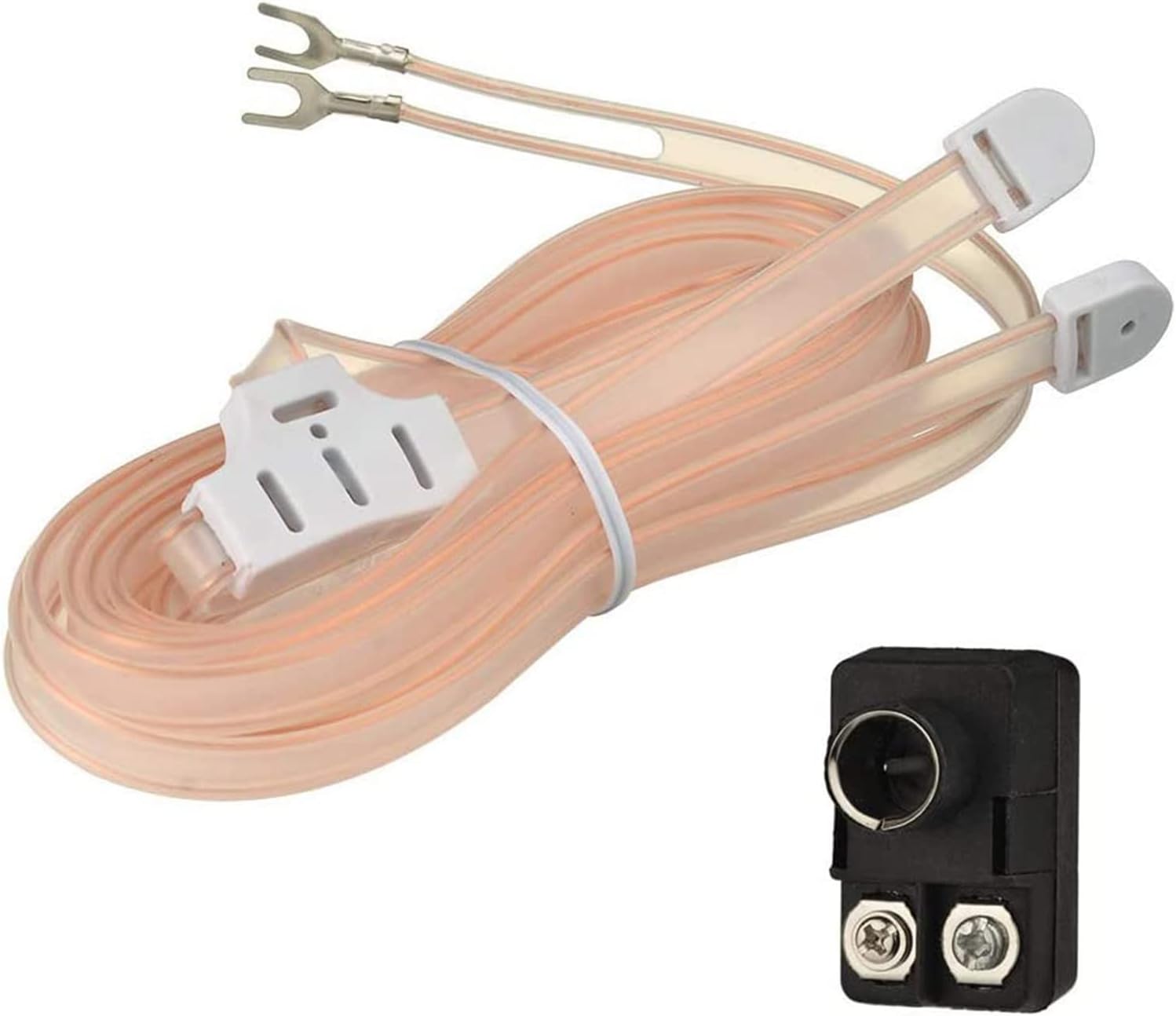 Bingfu FM T-type dipole antenna kit including a clear 75 Ohm wire antenna and a 300 to 75 Ohm matching transformer with spade terminals