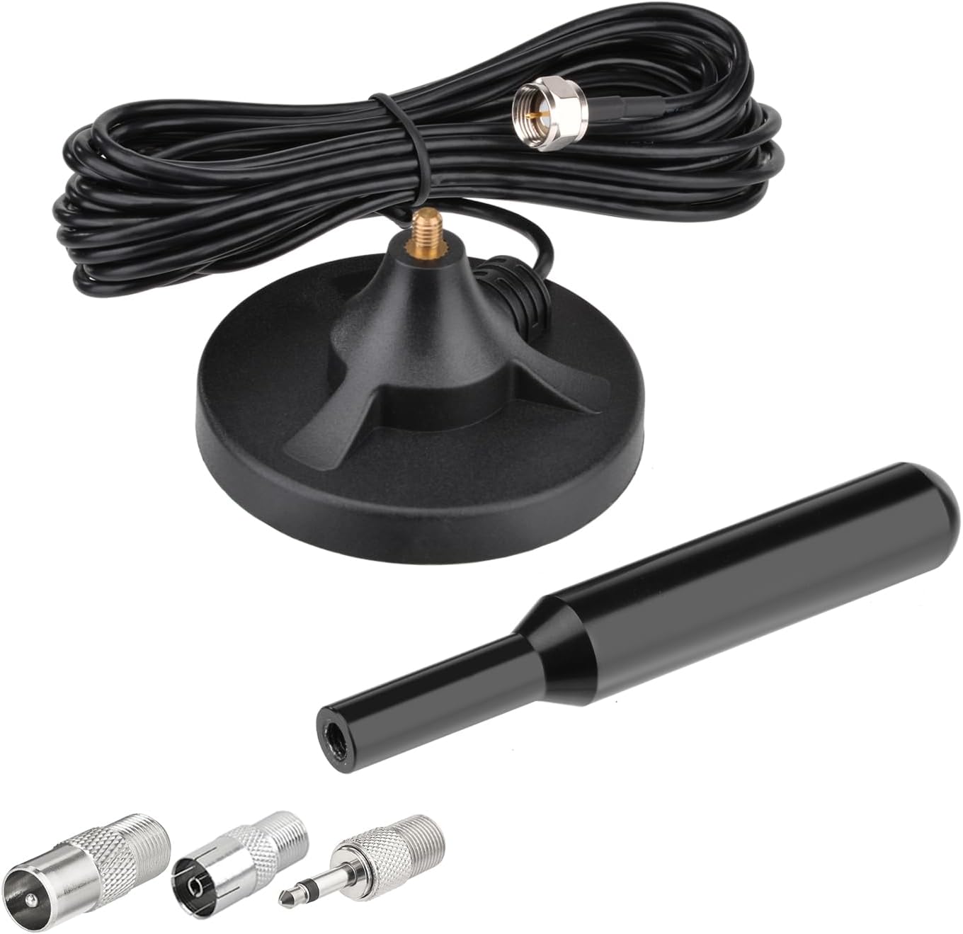 Bingfu FM radio telescopic antenna with magnetic base, 3-meter coaxial cable, and a set of 3 universal connectors for home stereo receivers